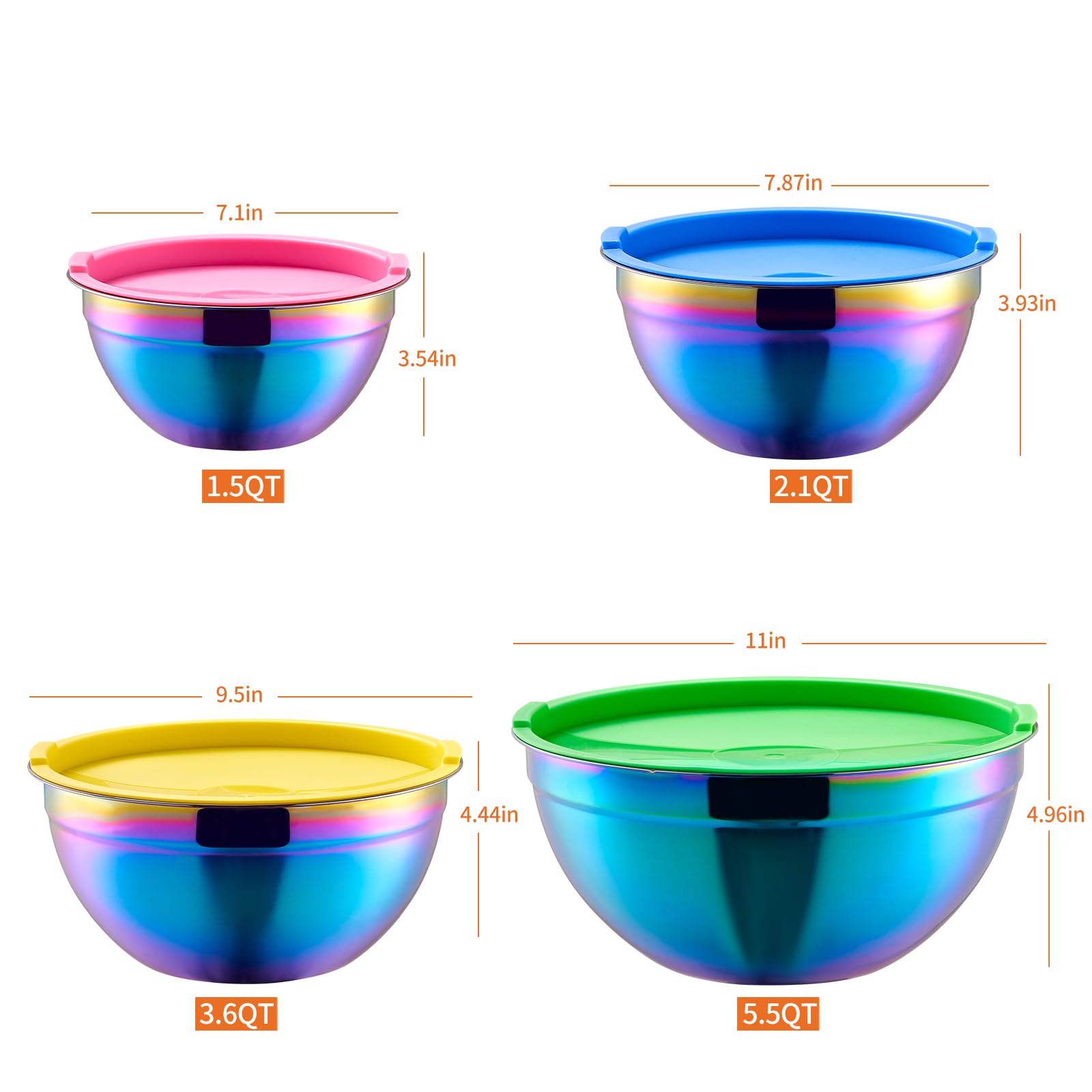 Onlycooker Rainbow Mixing Bowls - 4 Piece Stainless Steel Set, Airtight Lids, Stackable Design, Sizes 5.5QT, 3.6QT, 2.1