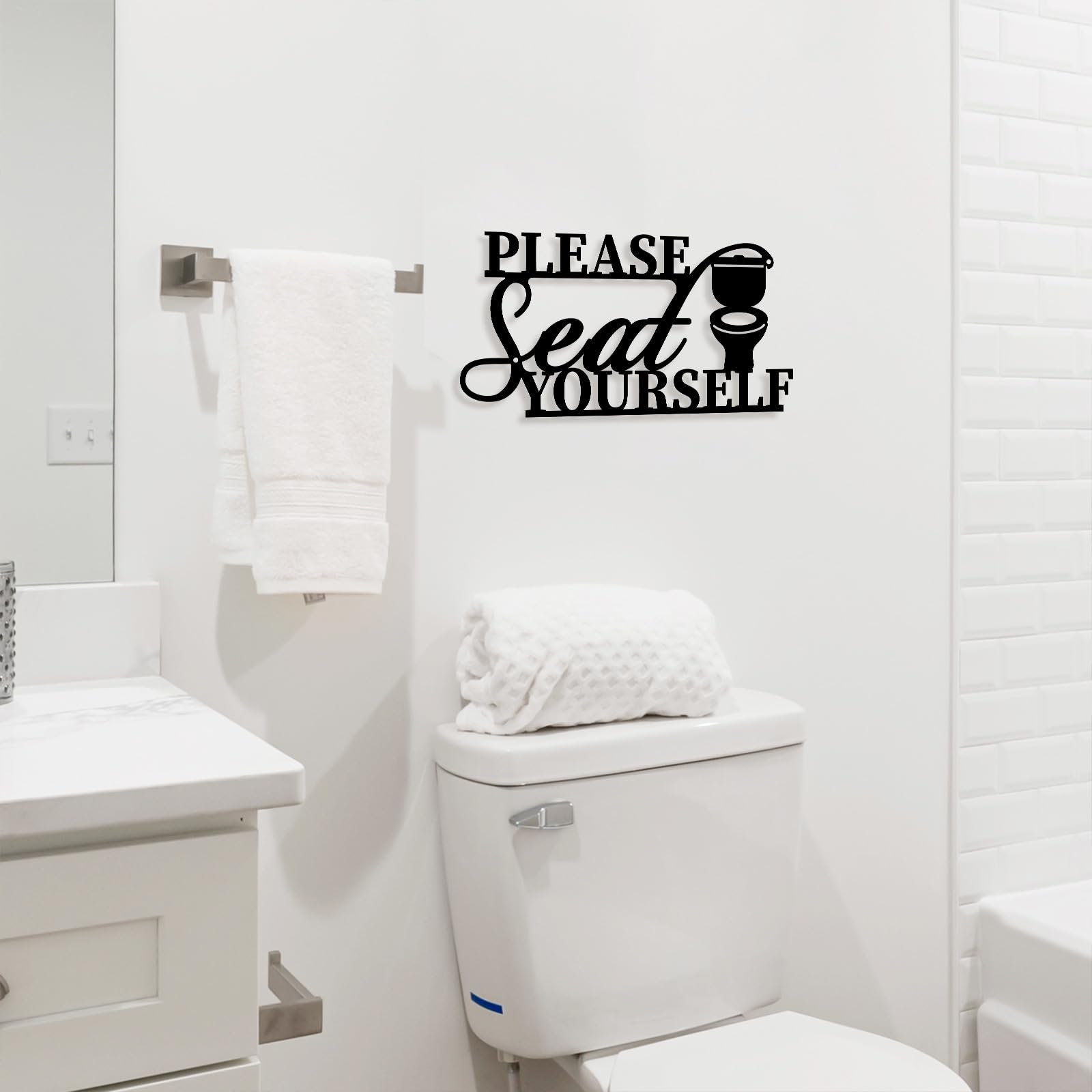 Bathroom Metal Wall Decor, Please Seat Yourself Sign Funny D  cor Sign for Bathroom, 7X13.7 Black Modern Metal Sign for Hanging