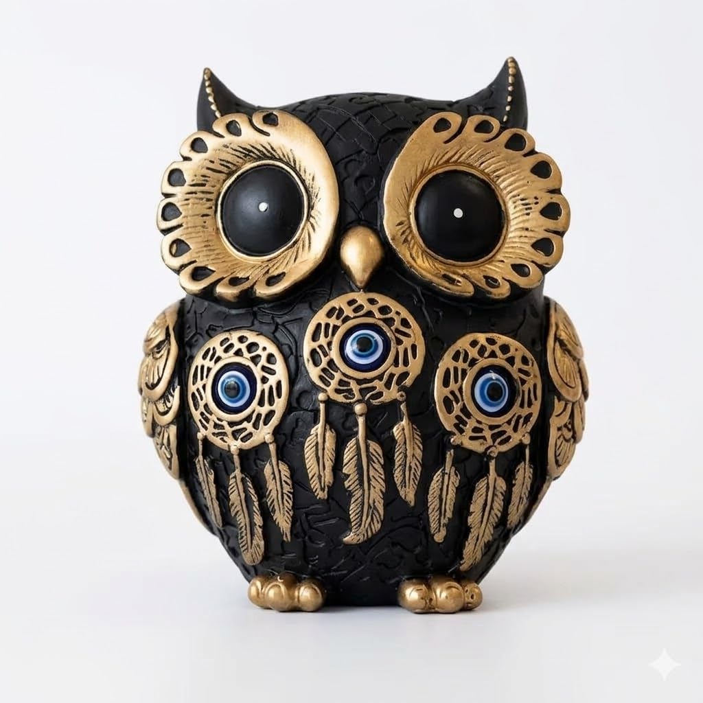 Pickartme Evil Eye 4 Inch Owl Statue For Good Luck L Feng Shui & Vastu Ii Evil Eye Ii Showpiece For Home Decor (Black, 4 Inch)