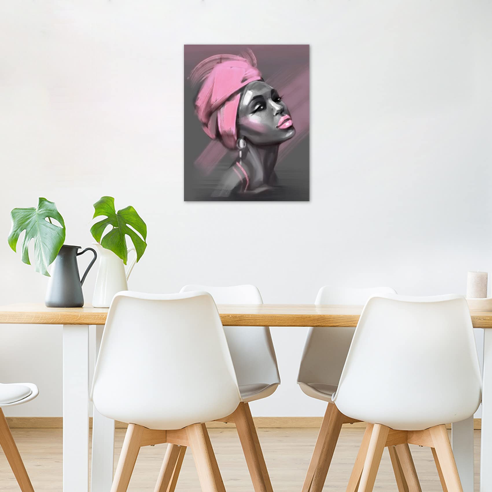 LB African American Women Canvas Wall Art  Beauty Black Woman Pink Hair Canvas Art  Abstract Minimalist Painting Wall Decor for Living Room Bedroom Bathroom Home Decor Ready to Hanging 12x16 Inch