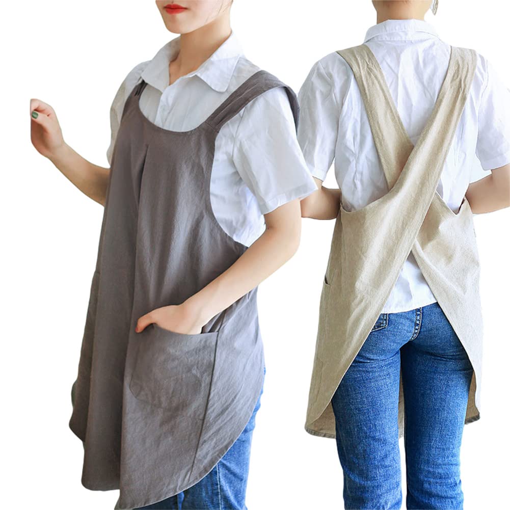 Ptsygantl Apron Women, Aprons For Women With 2 Pockets, Cooking Aprons For Women, Cotton Linen Garden Aprons, Apron Dress (Grey)