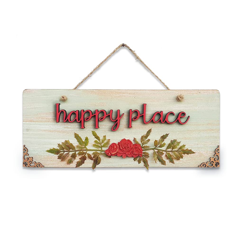 Chalk My Theme Happy Place Quote Rustic Vintage Wooden Door Or Wall Hanging With Leaves And Flowers | Home Decoration Item For G
