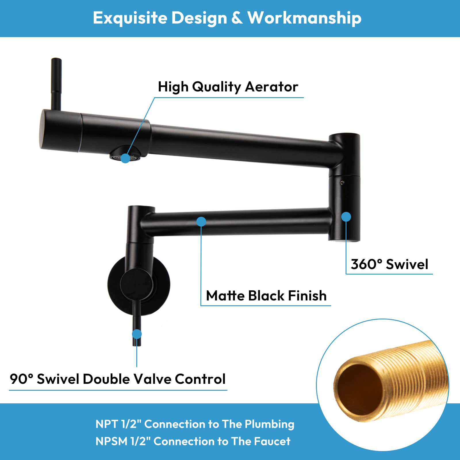 Besdor Pot Filler Faucet Stainless Steel Matte Black Pot Filler Faucet Wall Mount With Double Joint Swing Arms, Single Hole Two