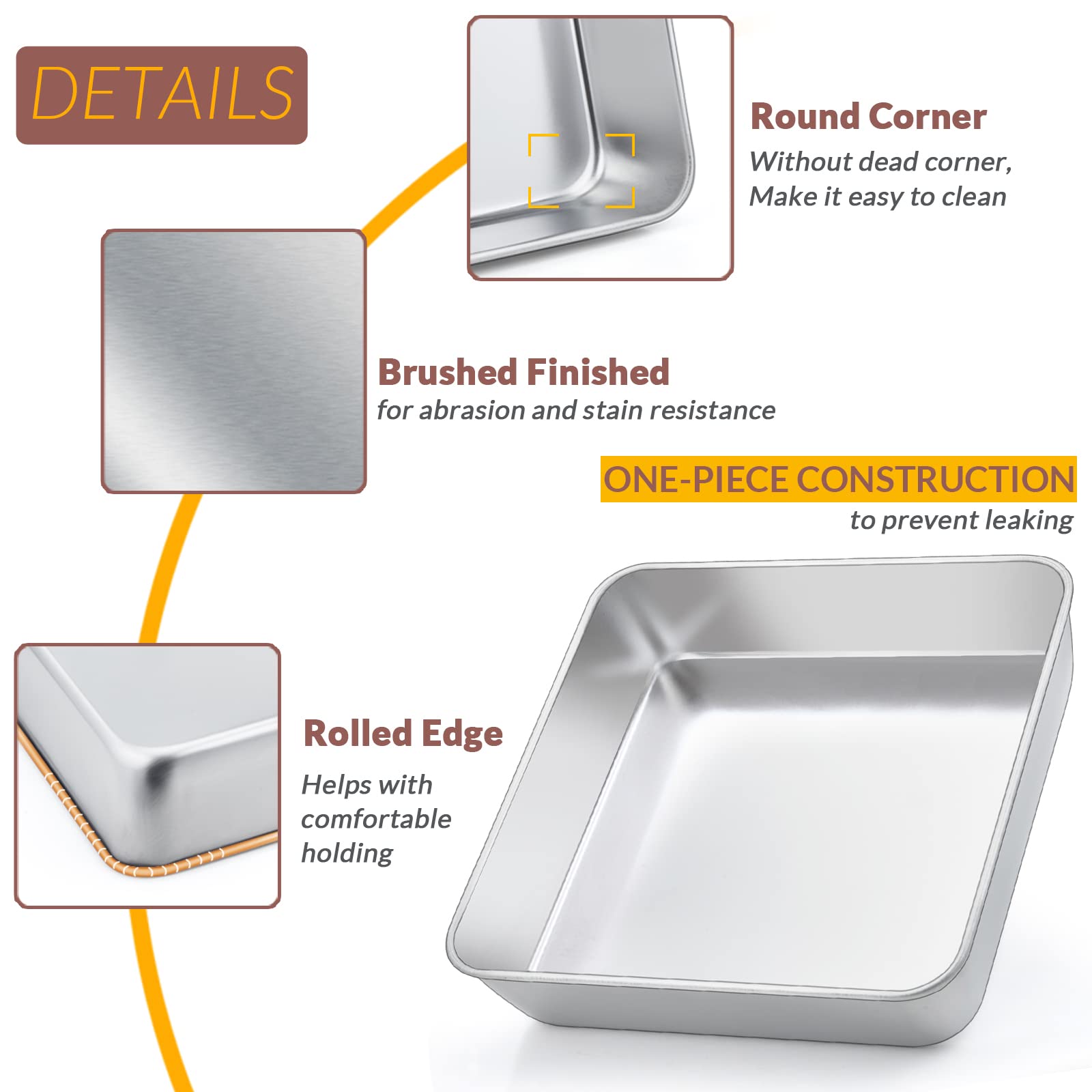 E-Far 6/8/9-Inch Square Cake Pan Set, Stainless Steel Square Baking Brownie Pans Metal Bakeware Set Of 3, Non-Toxic & Healthy, E