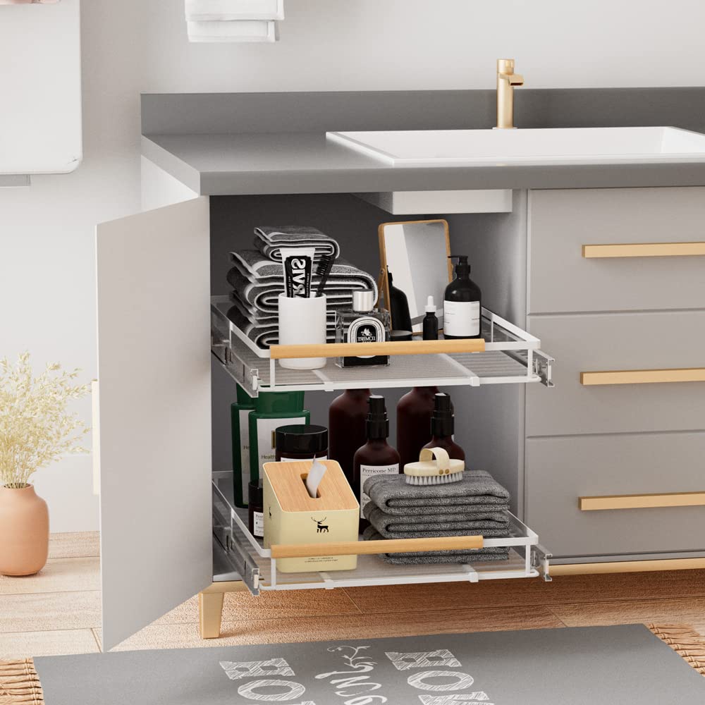 MIYUPTC Expandable Sliding Basket Drawer, Stainless Steel Pull-Out Organizer, 22''D for Kitchen, Bathroom, Wardrobe, 1 Pack