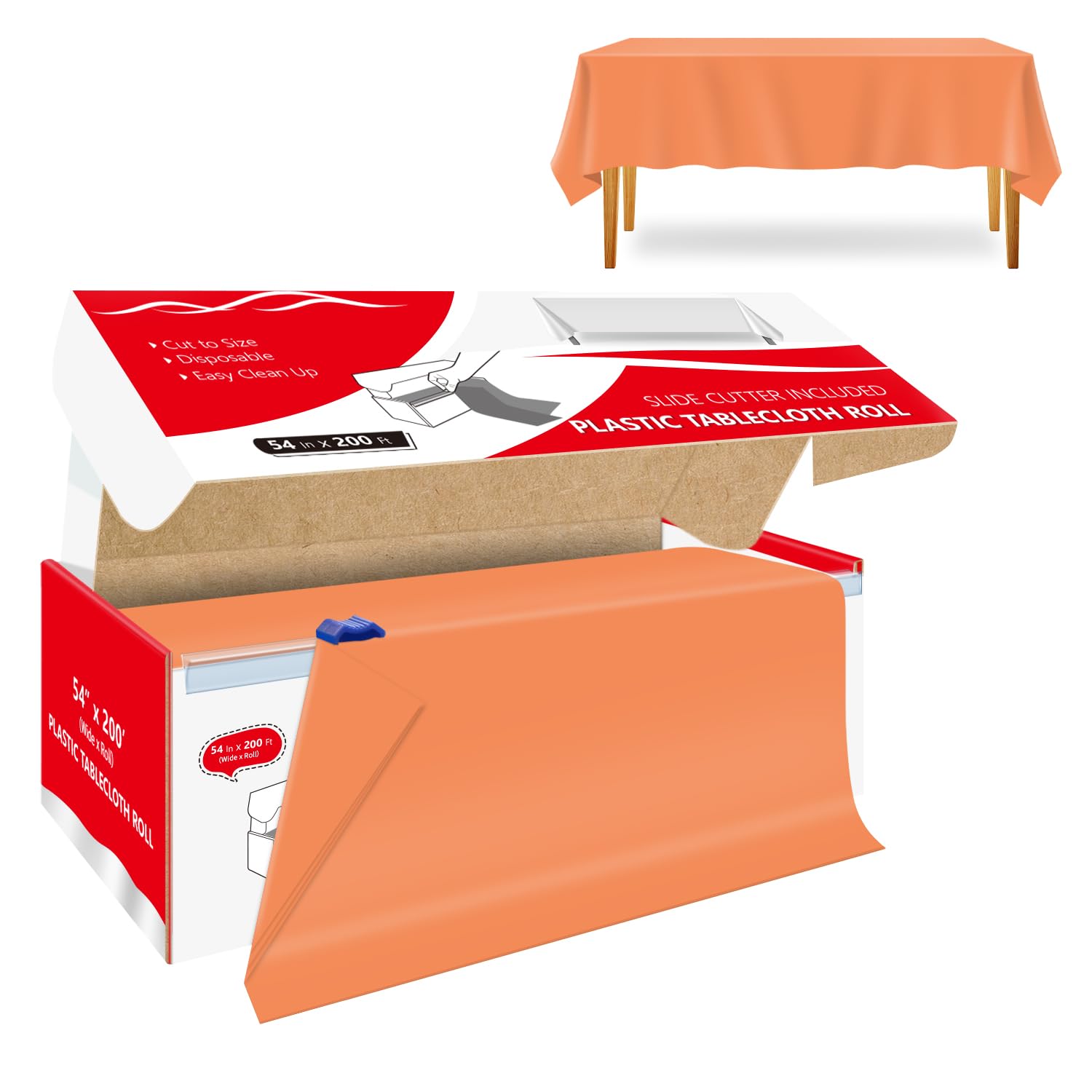 Xnluothsk 54 Inch x 200 Feet Orange Plastic Tablecloth Roll Cut to Size Disposable Table Cover with Cutter Box Plastic Table Clo