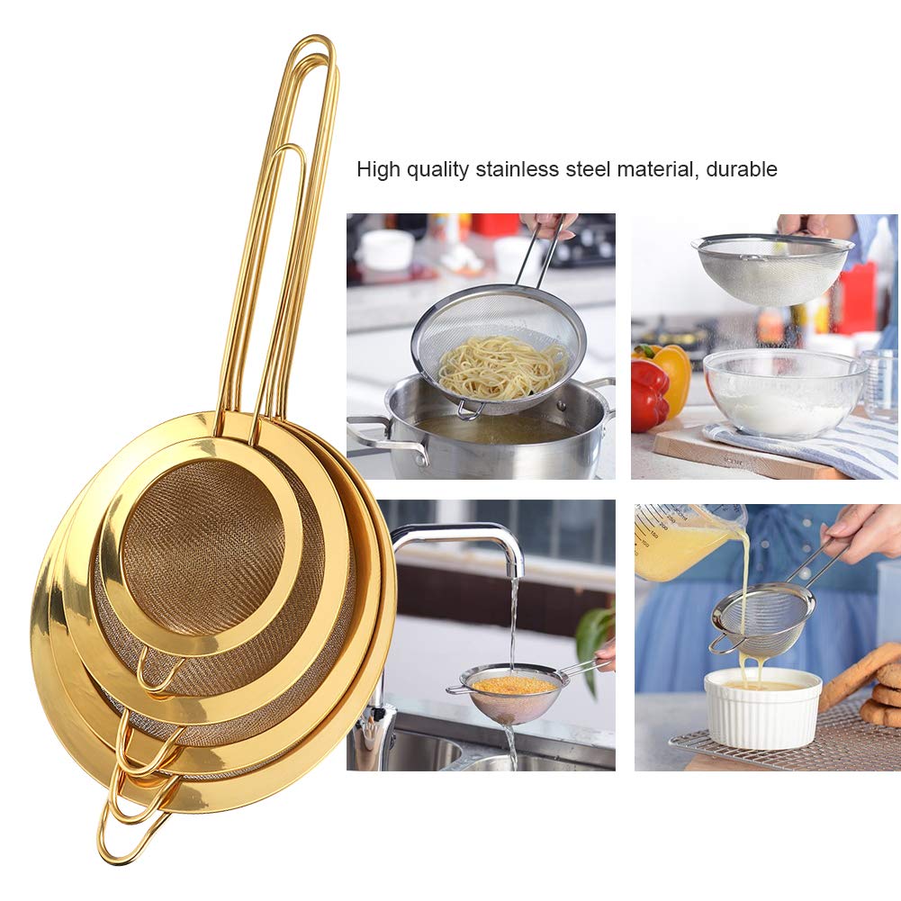 4Pcs Mesh Strainers For Kitchen, Metal Strainer Set Gold Strainer Fine Mesh Strainer With Handle For Tea Coffee Powder Rice Flou