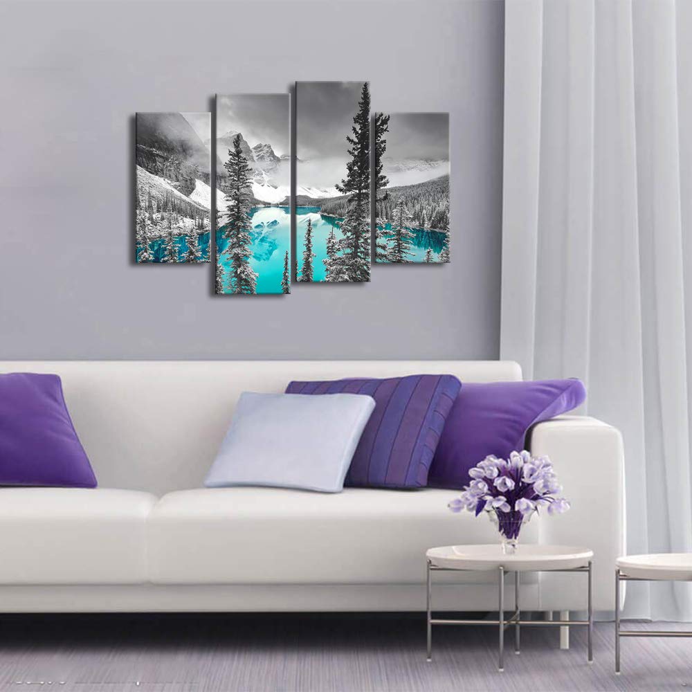 Derkymo 4 Pieces Teal Blue Moraine Lake Wall Art Black And White Canada Rocky Mountain Picture Landscape Print On Canvas Giclee