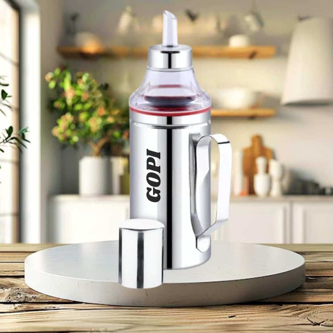 Gopi 1 Litres Easy Flow Stainless Steel Oil Dispenser Bottle With Lid And Cap | AirTight SpillProof | Food Grade Pourer Drizzl