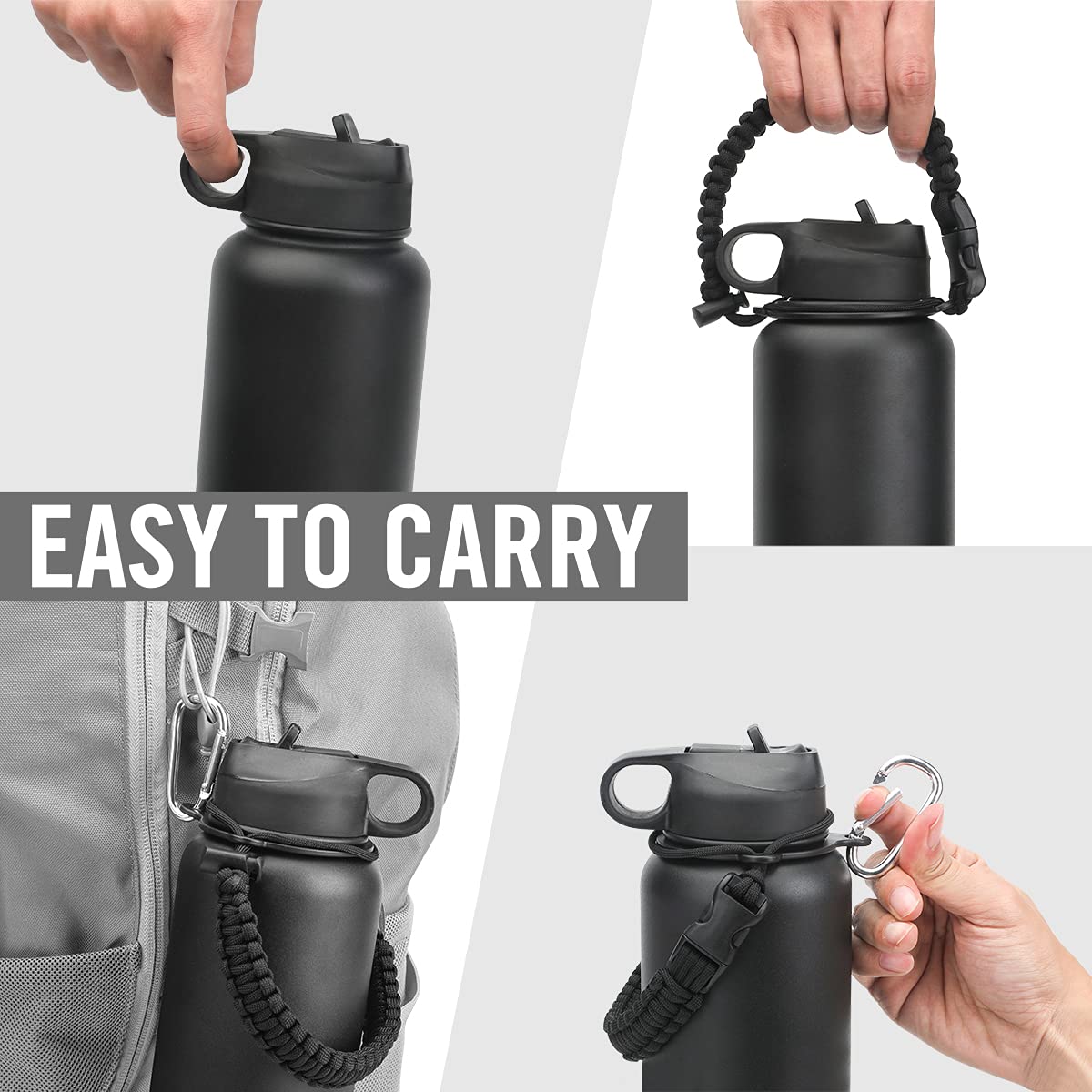 Life'S Easy Stainless Steel Insulated Water Bottle - Sports Water Bottle W/Straw Lid And Paracord Carabiner Handle Carrier- Vacu