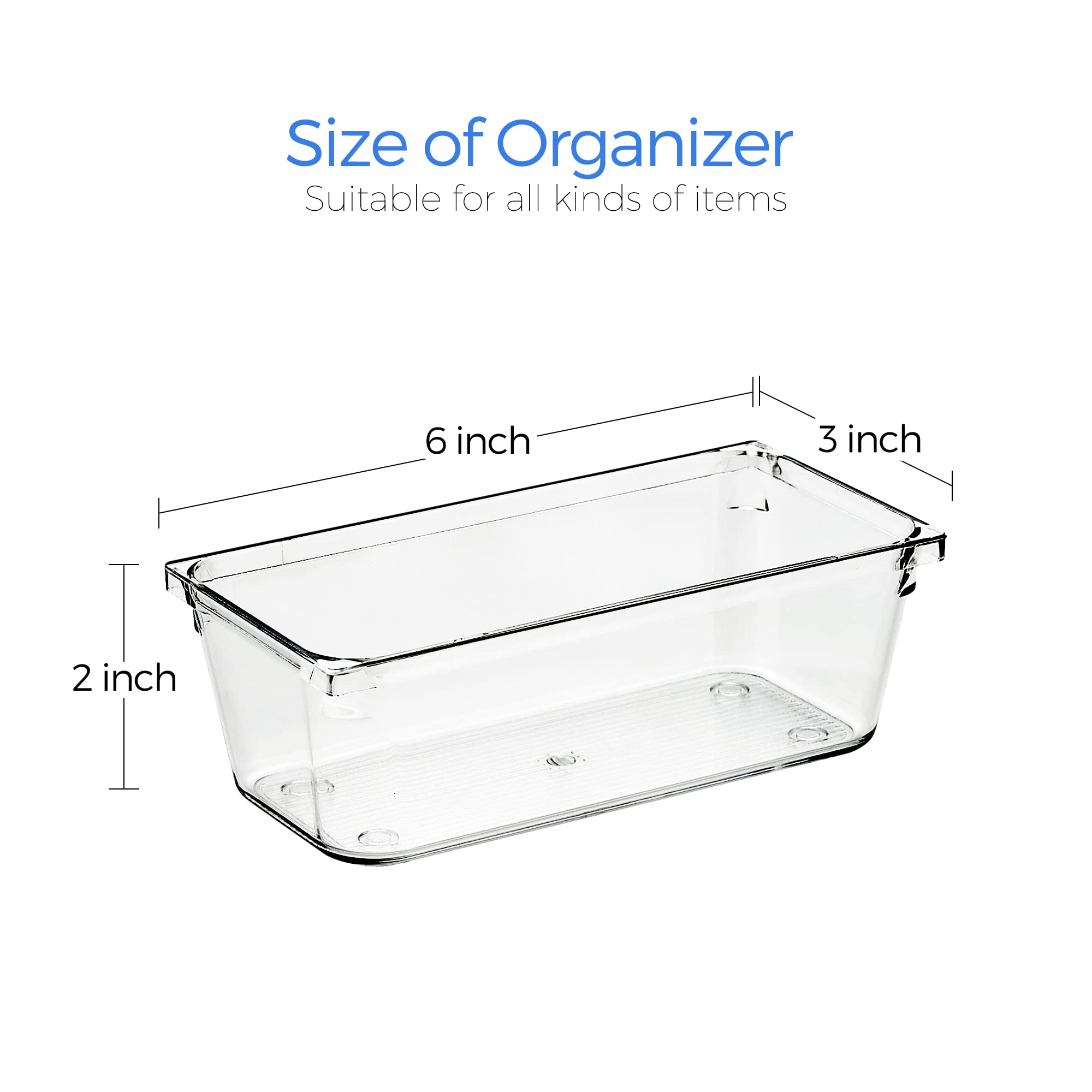 Ravinte 6 Pack Drawer Organizer - 3'' X 6'' Plastic Storage Bins, Acrylic Organizers with Non-Slip Pads Clear Desk Storage Tray