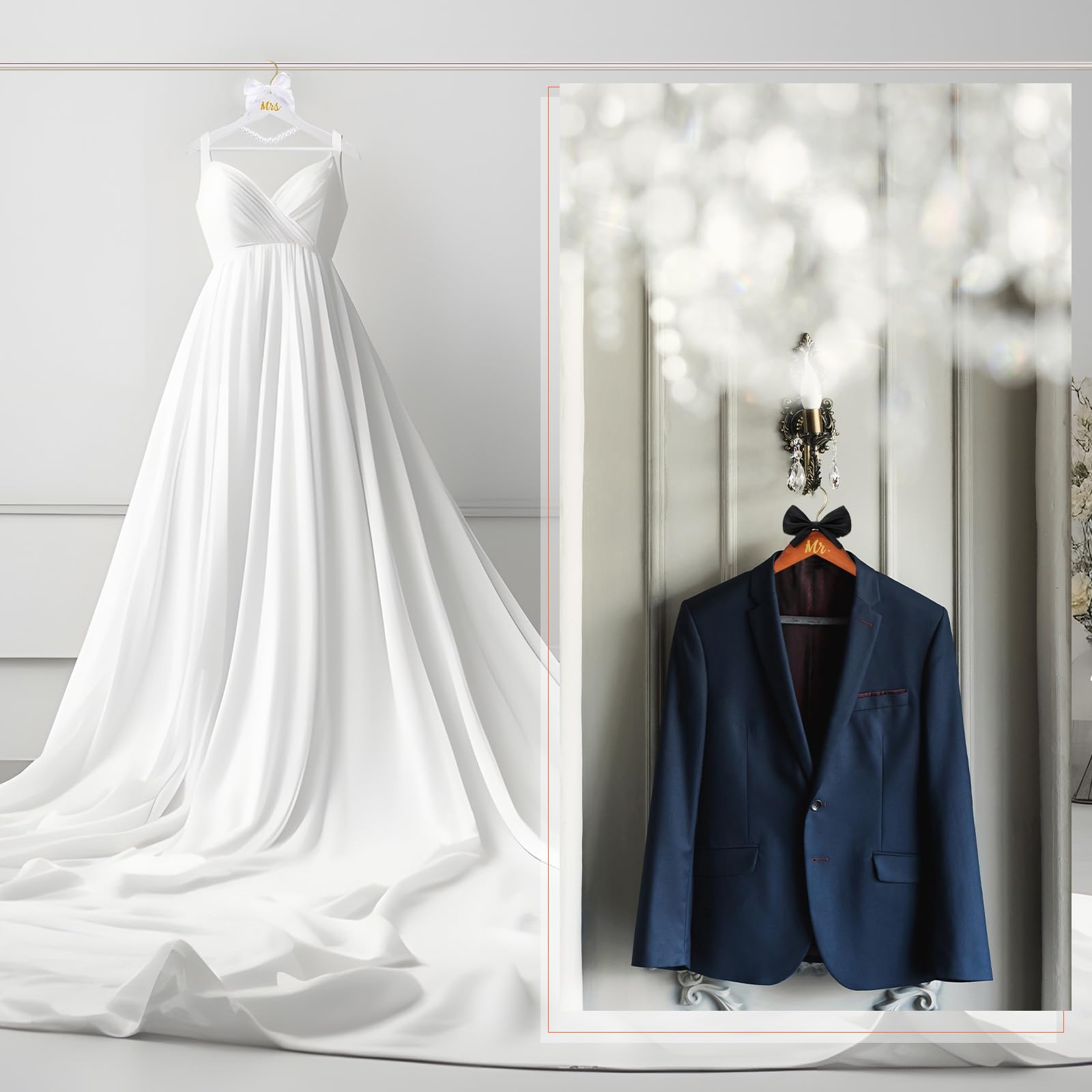 Beeveer 2 Pcs Bride Hanger Bride and Groom Wooden Wedding Dress Hanger Set with Bow Tie for Tuxedo Suit Wedding Gift Bridal Part
