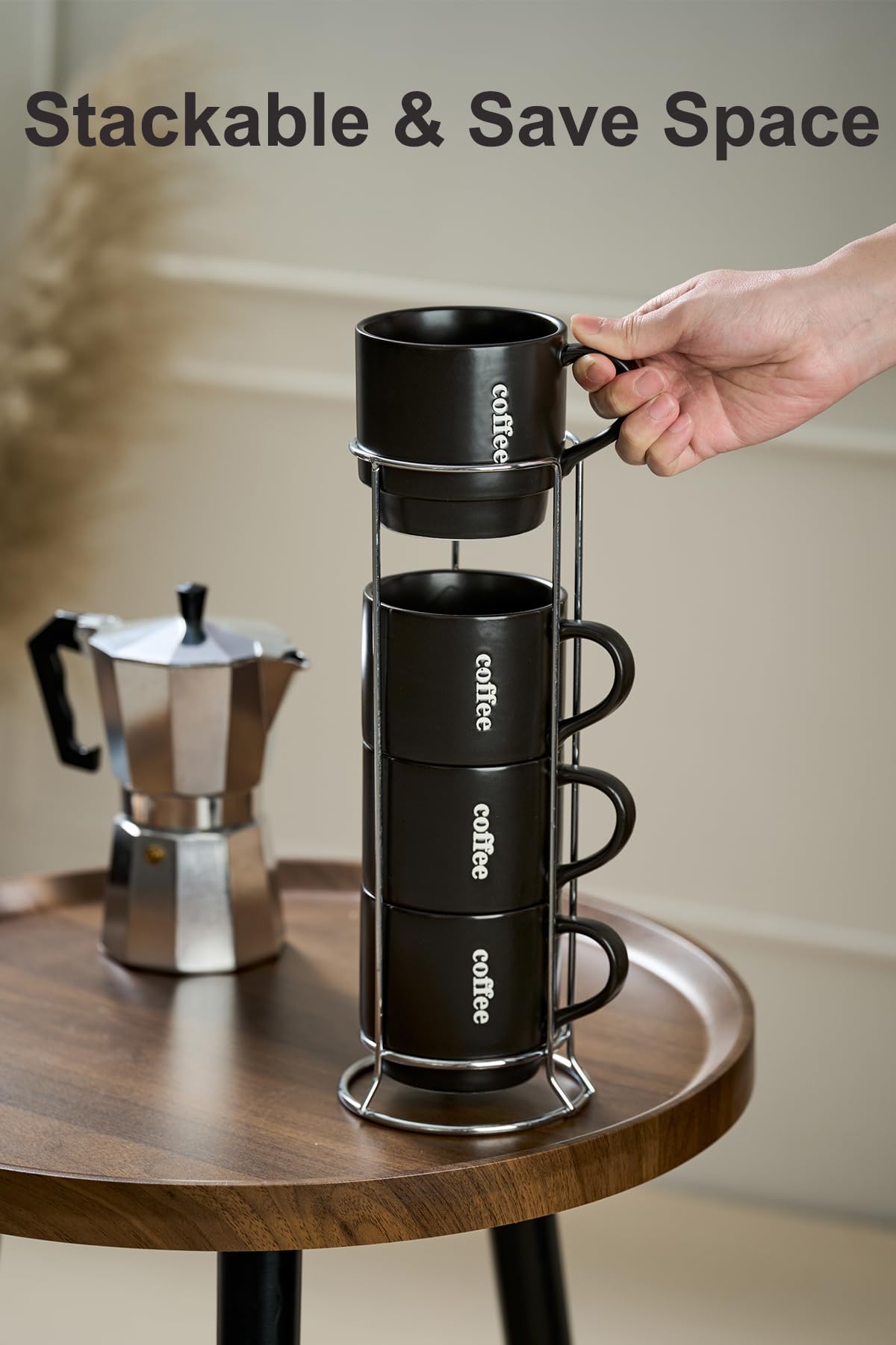 Lauchuh Coffee Mug Set, Porcelain Stackable Coffee Mugs With Rack,15 Oz Cappuccino Cup Coffee Cups For Coffee, Tea, Cocoa, Milk,