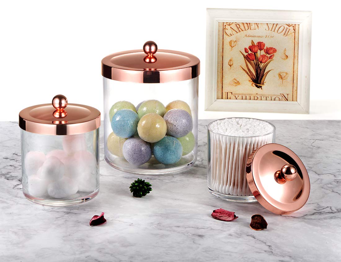 Premium Quality Apothecary Jars - Clear Plastic Storage Jars with Rust Proof Stainless Steel Lids - Bathroom Vanity Countertop Storage Organizer Canister Holder House Decor | Set of 3 (Rose gold)
