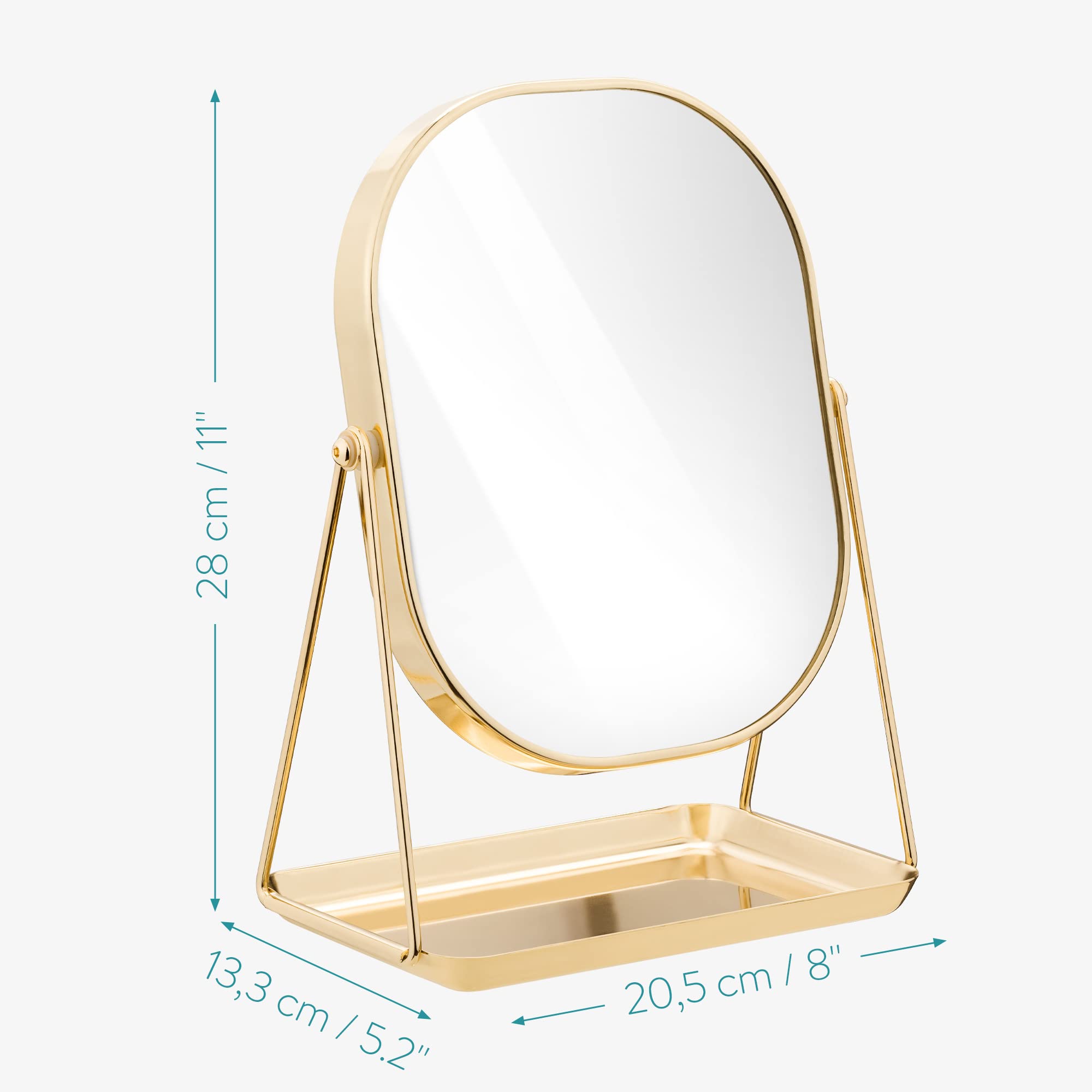Navaris Vanity Mirror with Tray - Table Top Mirror with Metal Stand and Storage - 7 x 9 Mirror Size - for Makeup, Tabletop, Desk