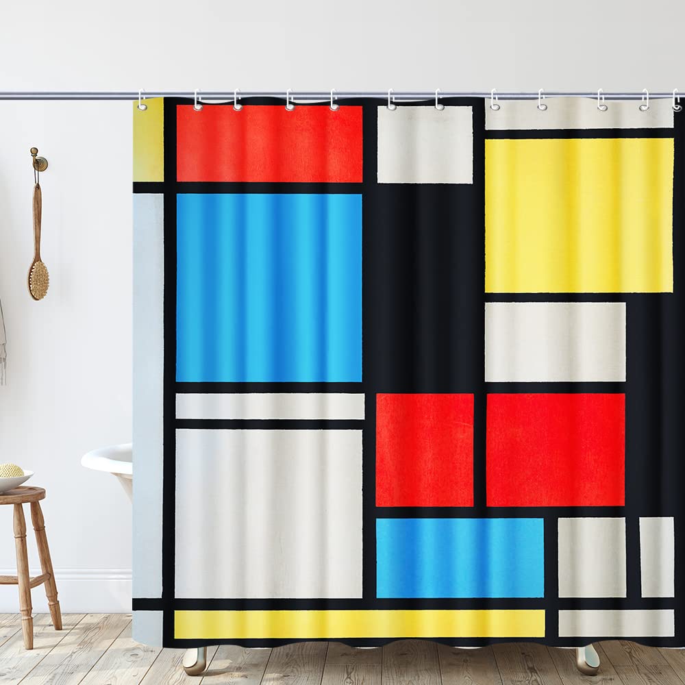 INVIN ART Bathroom Shower Curtain Set with Hooks Composition in Blue  red and Yellow by Piet Cornelies Mondrian Home Art Paintings Pictures for Bathroom