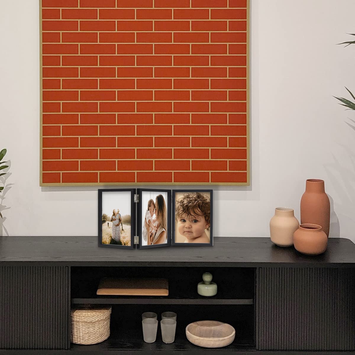 3 Picture Frame 4x6 Black Triple Hinged MDF Wood with Glass Front Three Opening Photo Frame Stand Vertical on Tabletop