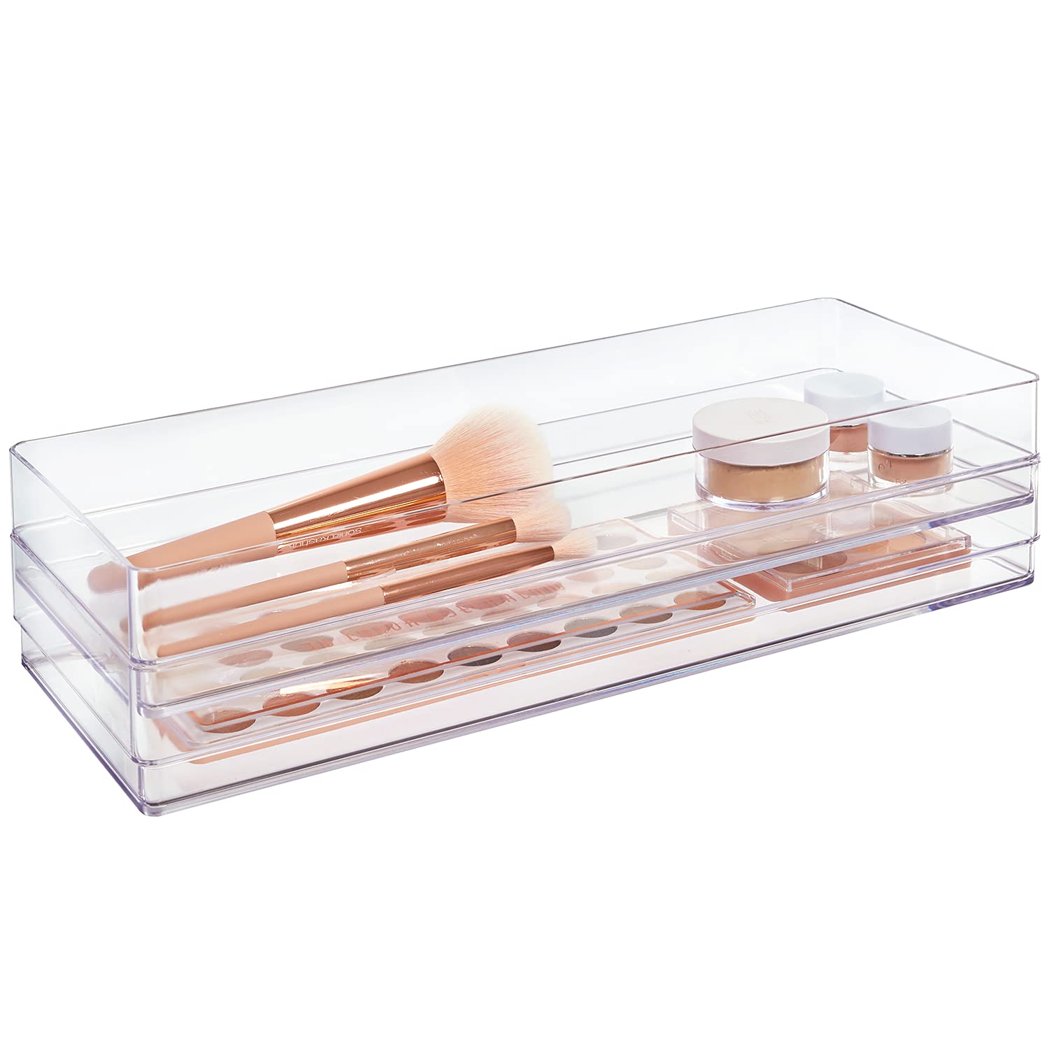 STORi SimpleSort 2-Piece Stackable Clear Drawer Organizer Set | 15 '' x 6 '' x 2 '' Rectangle Trays | Wide Makeup Vanity Storage