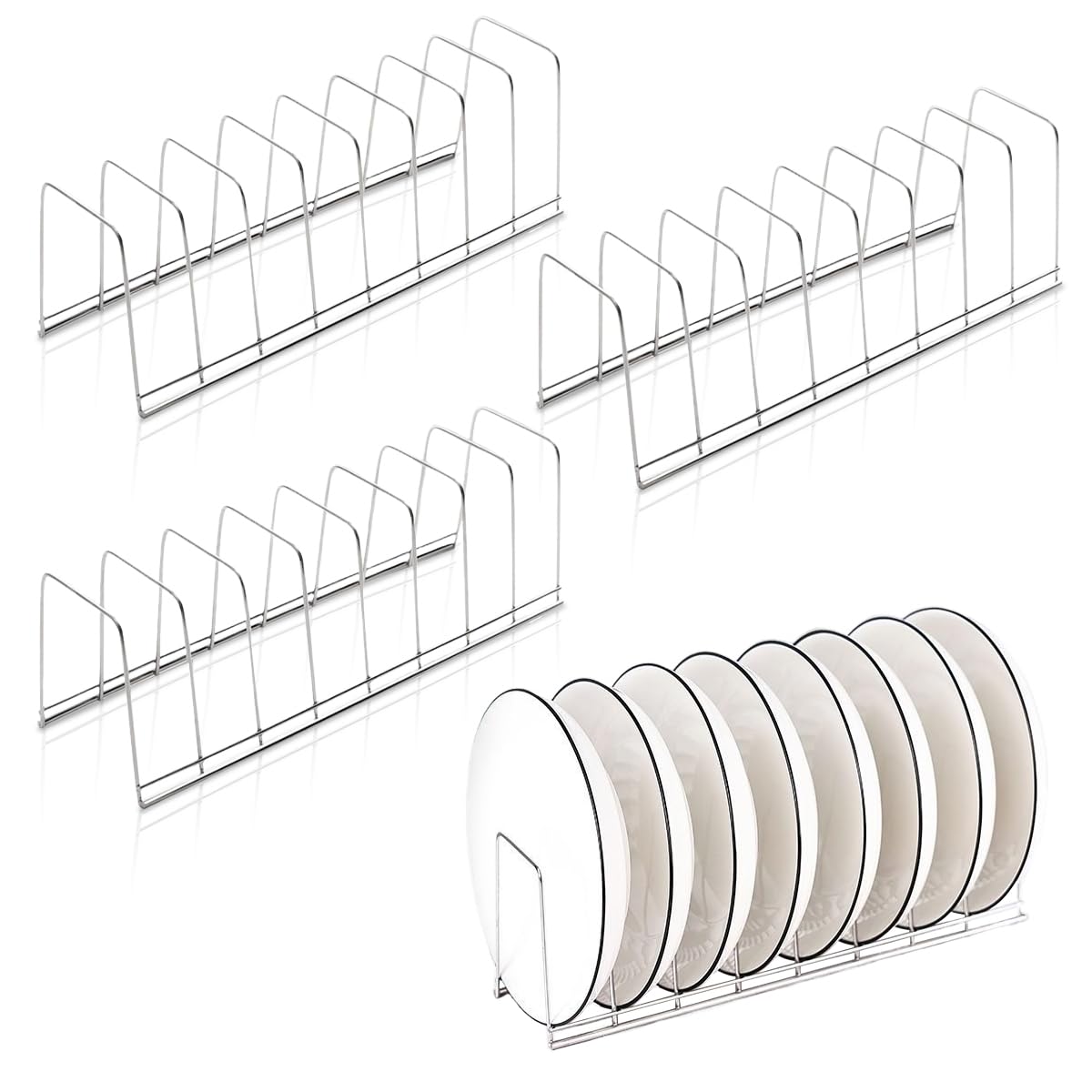 4 Pack Pot Lid Holder Kitchen Cabinet Dish Plate Rack Organizer (Silver)