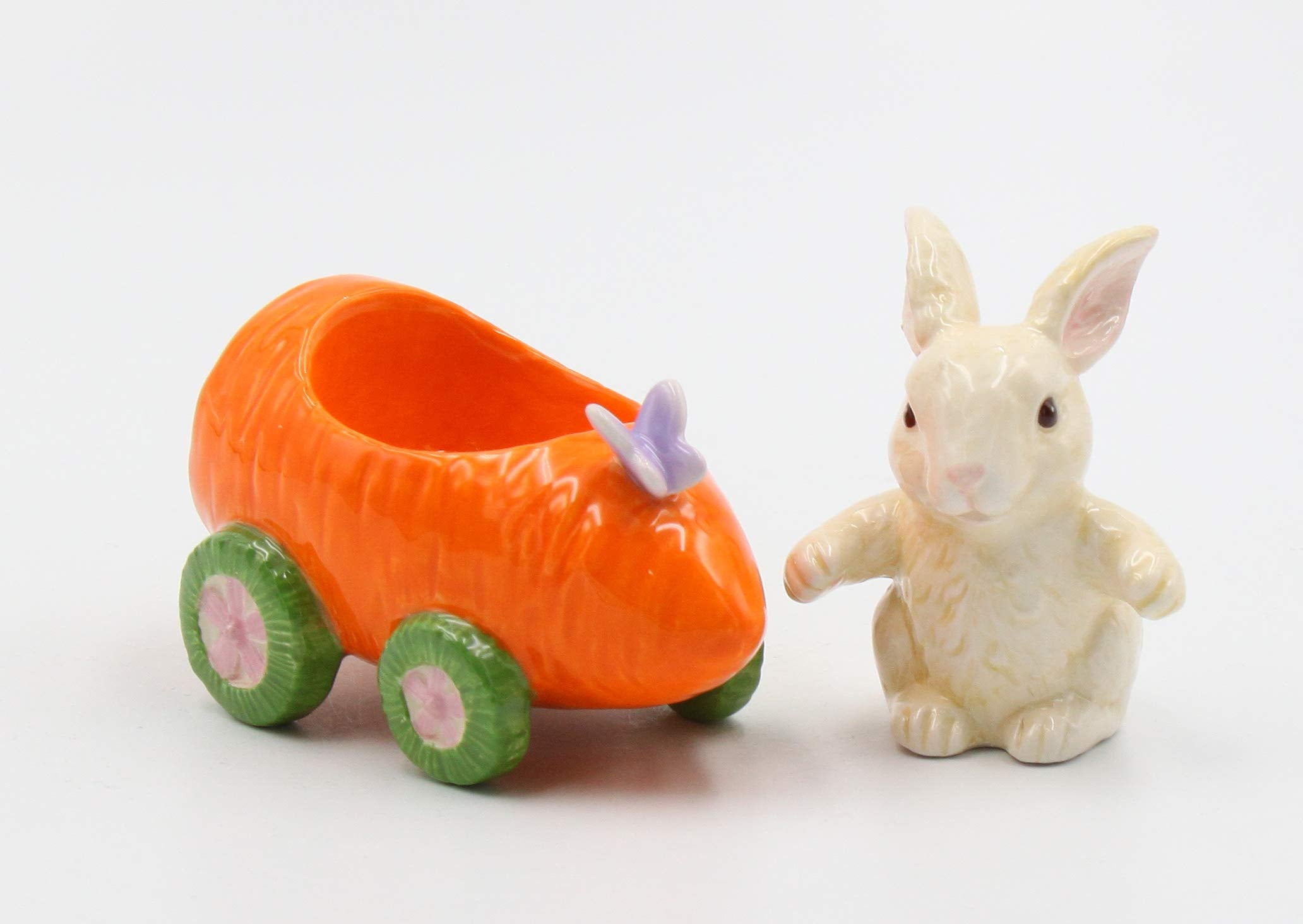 Fine Ceramic Bunny Rabbit On Carrot Cart Salt & Pepper Shakers, 4 1/4'' L