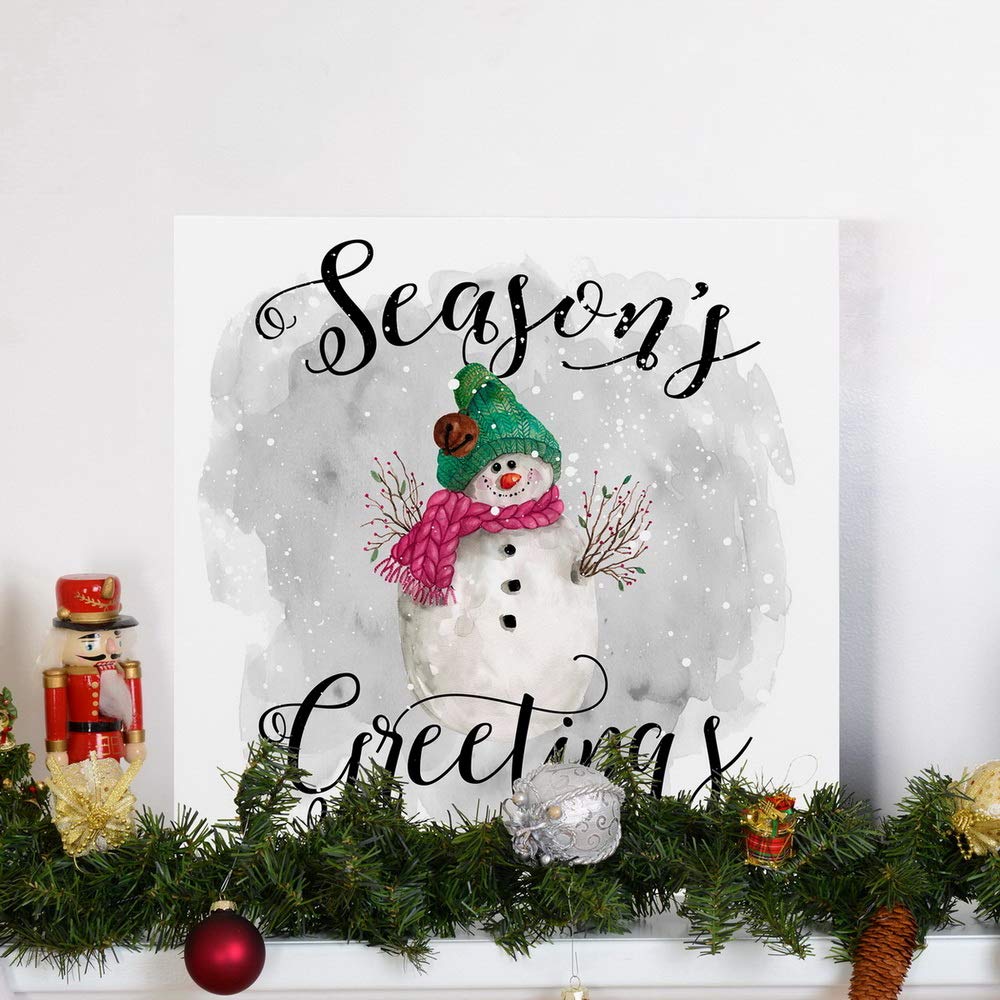 Renditions Gallery Season's Greetings Snowman Wall Art  Cute Christmas & Winter Artwork  Great Gift for Girls  Premium Gallery Wrapped Canvas Decor  Ready to Hang  24 in H x 24 in W  Made in America