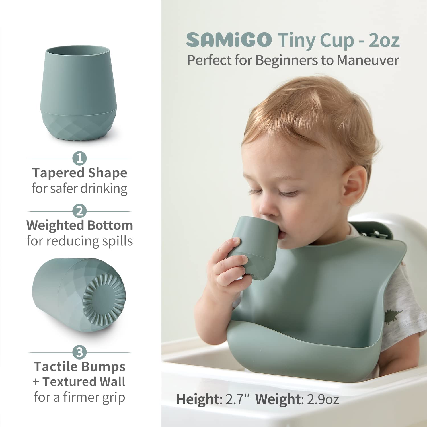 Samigo Silicone Baby Utensils - Self Feeding Spoons And Tiny Training Cup - First Stage Baby Led Weaning Supplies For 6 Months+