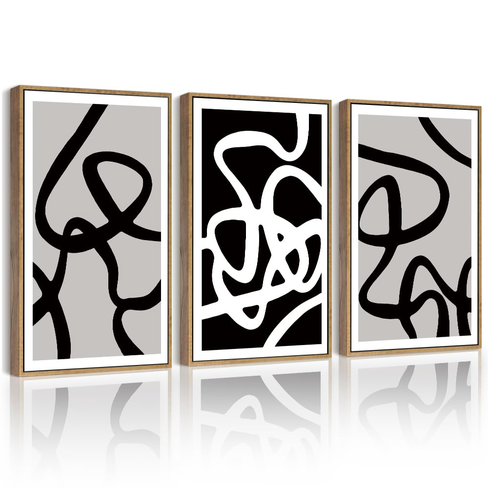 PHOPAGO Black and White Lines Abstract Wall Art Ink Wash Minimalist Framed Canvas Painting Artwork 11x14in Black Framed