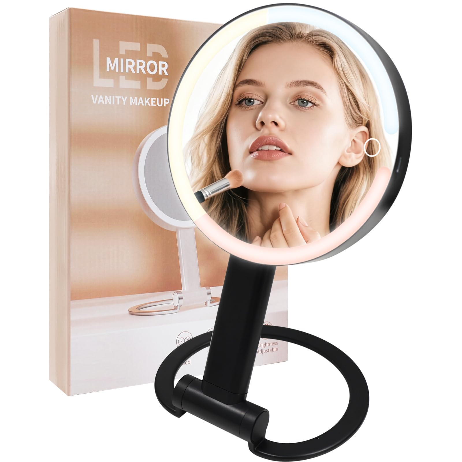 SANYCASA Makeup Mirror with Lights, Magnifying Mirror with Light and Adjustable Brightness, Hanging and Handheld Mirror with Han