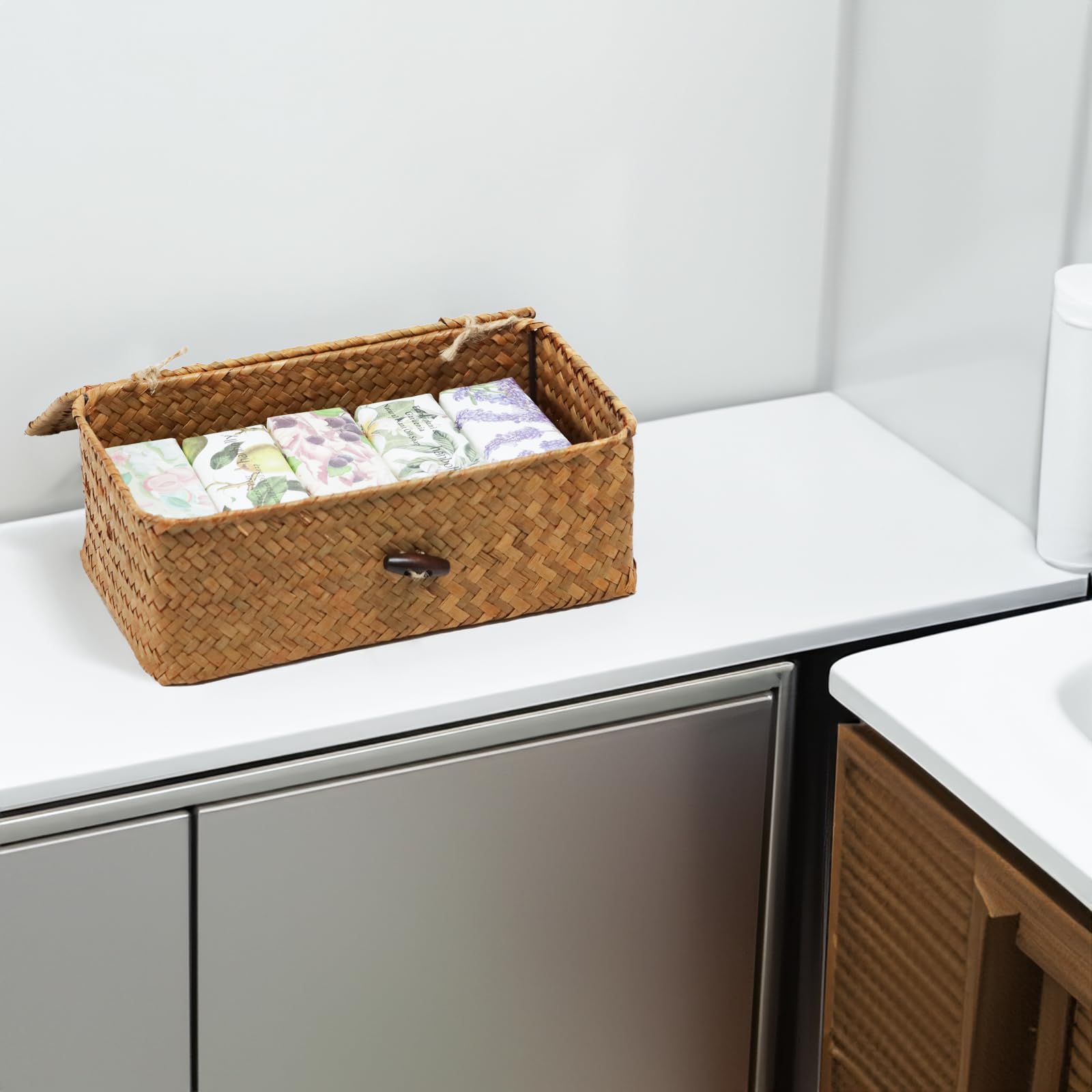 Wicker Storage Basket With Lid, Natural Seagrass Storage Baskets For Organizing, Rectangular Woven Basket For Storage, Decorativ