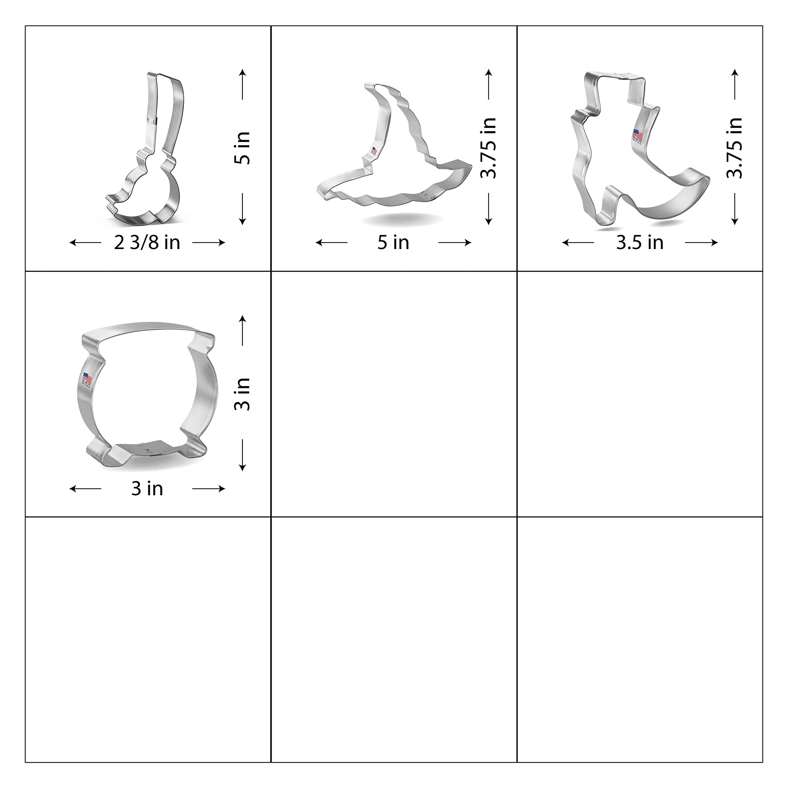 Foose Halloween Witch Cookie Cutter 4 Pc Set With Recipe Card, Made In Usa - Witch Broom 5 In, Witch Hat 5 In, Cauldron 3 In, Wi