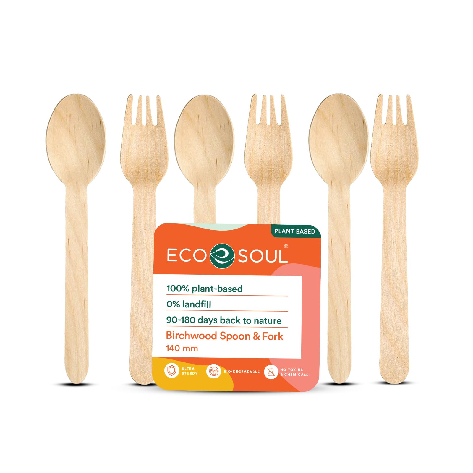 ECO SOUL [140mm, 100 Pack] Disposable Spoons & Fork set| Wooden Dining Flatware | Ideal for Kids Birthday, Wedding & Party