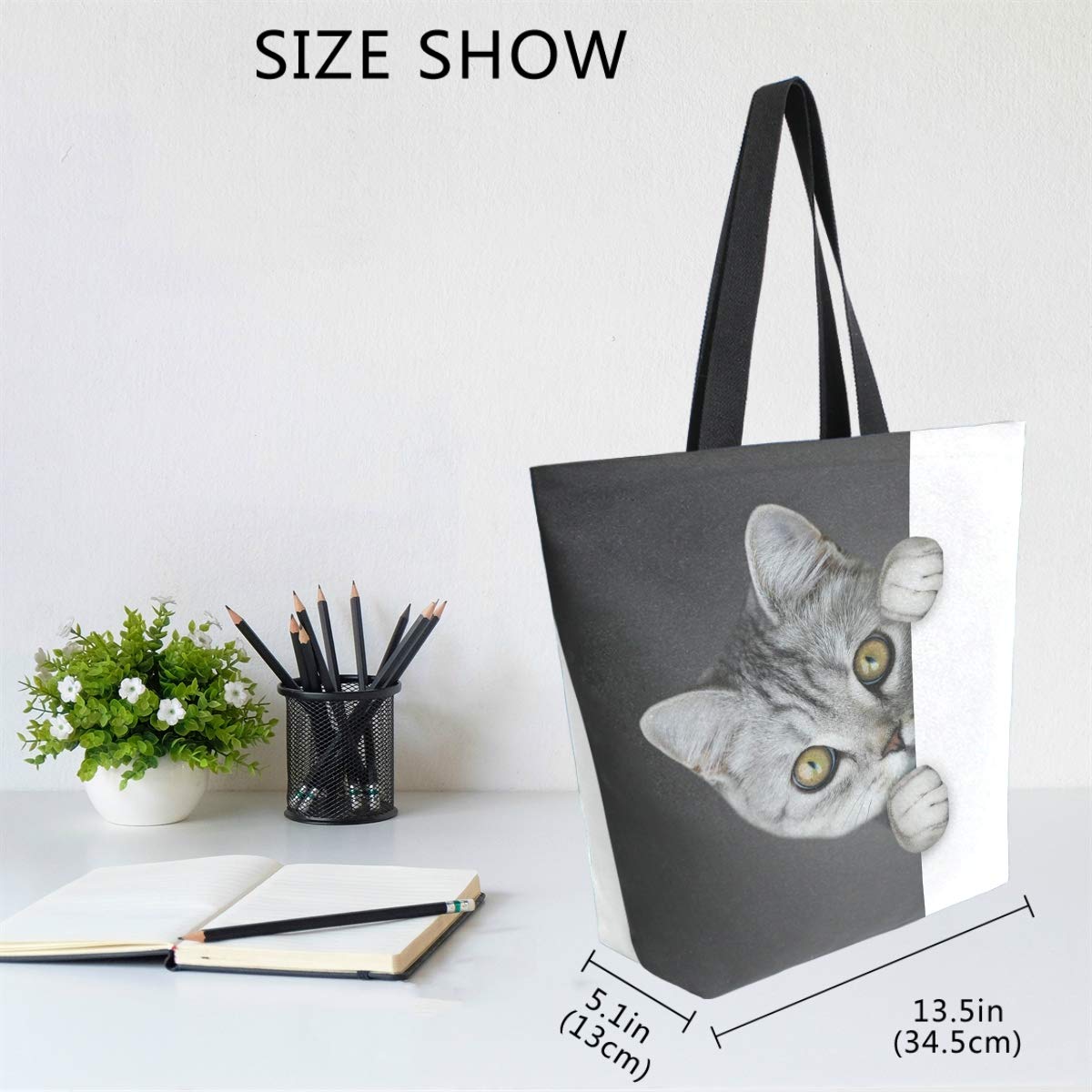 Naanle Funny Cat Canvas Tote Bag Large Women Casual Shoulder Bag Handbag, Black And White Reusable Multipurpose Heavy Duty Shopp