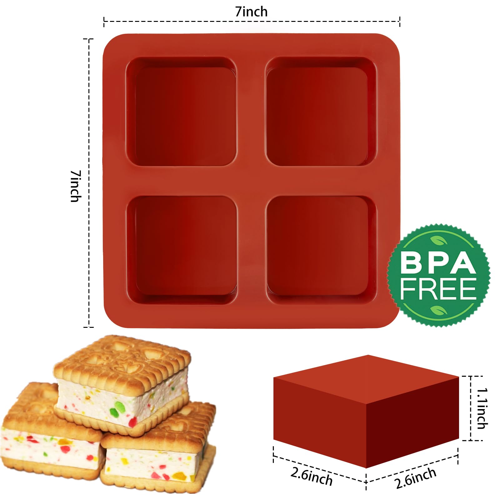 Joersh 3Pcs Chocolate Covered Cookies S'Mores Molds, 4-Cavity Silicone Brownie Pan Square Baking Molds For Smores, Graham Cracke