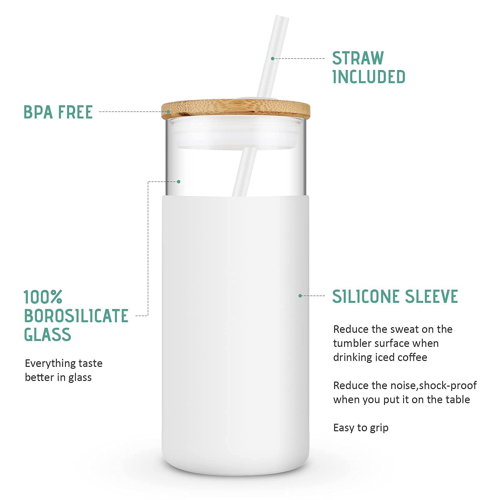Tronco 20 Oz Glass Tumbler Glass Water Bottle Straw Silicone Protective Sleeve Bamboo Lid - Bpa Free -Amber