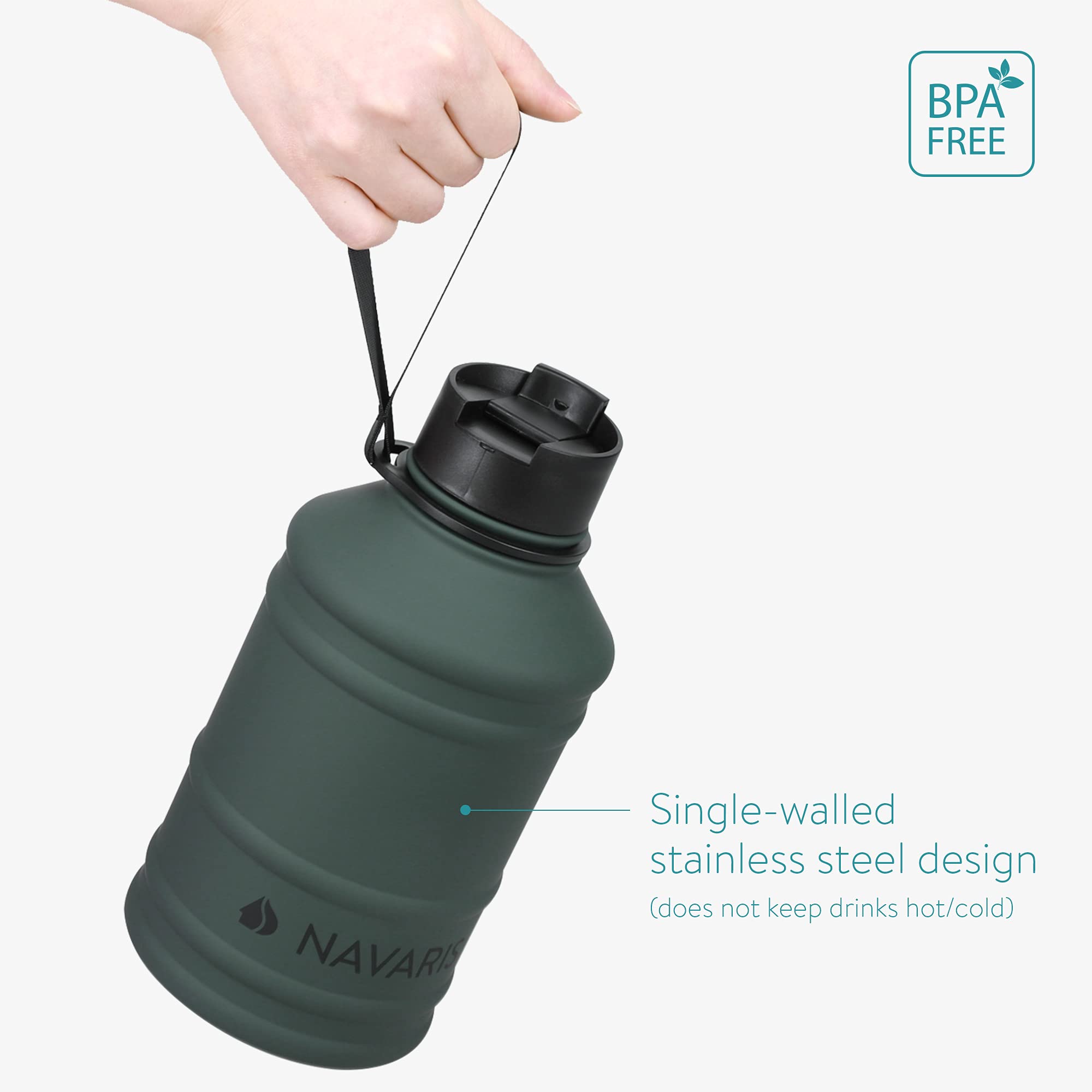 Navaris Stainless Steel Water Bottle - Single-Walled 75Oz (2.2L) Big Metal Drinking Bottle For Sports, Camping, Gym - More Than