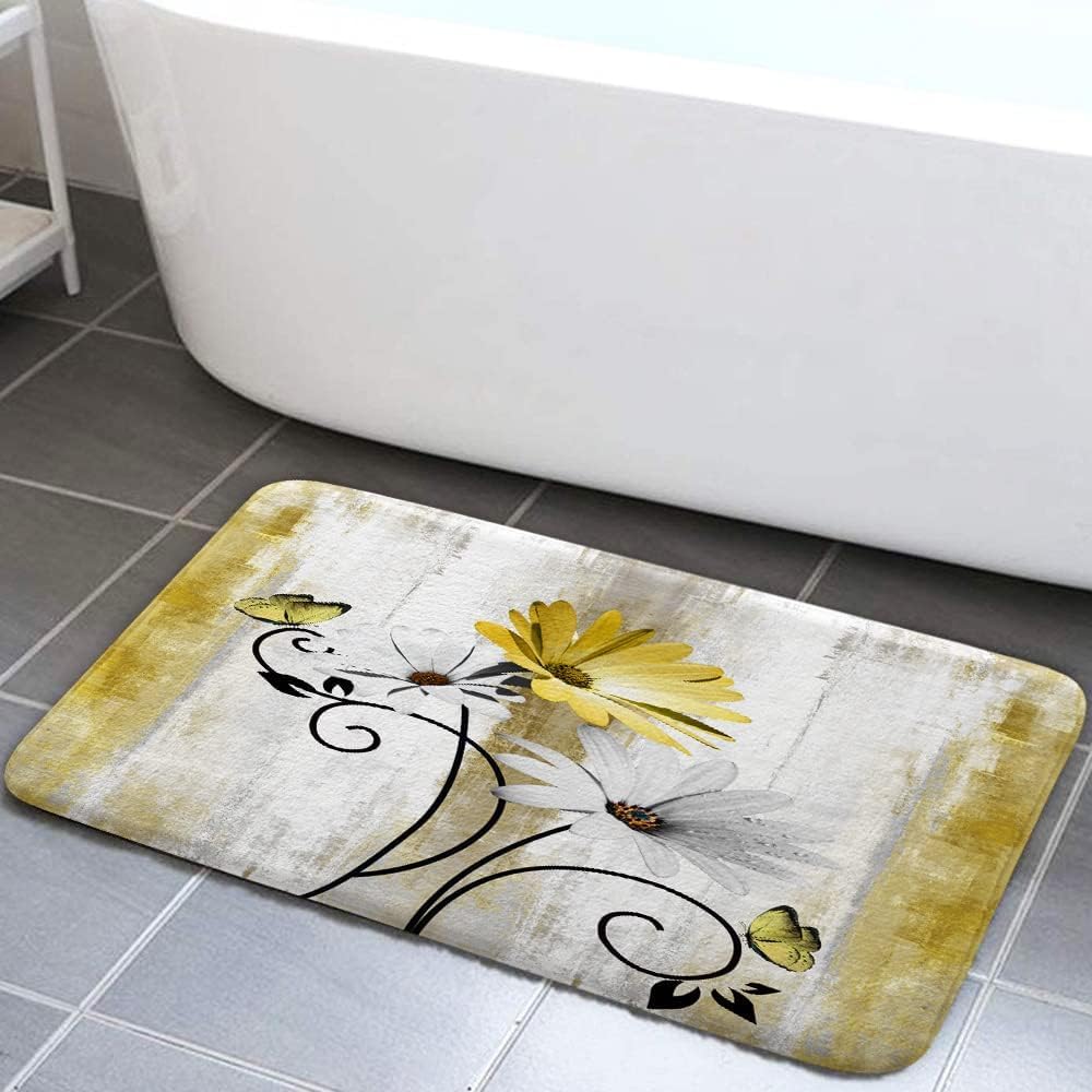 Veivian Rustic Farmhouse Bath Mat, Farm Yellow Daisy Floral Flowers Butterfly Country Wooden Bath Rug For Bathroom, Grey White B