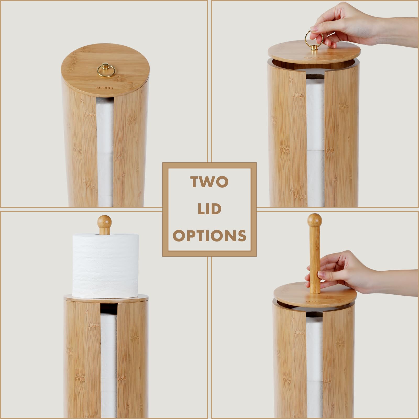 Gobam Bamboo Toilet Paper Storage with Dual-Use Lid, Freestanding Bathroom Tissue Organizer with Viewing Slot, Built-In Handle,