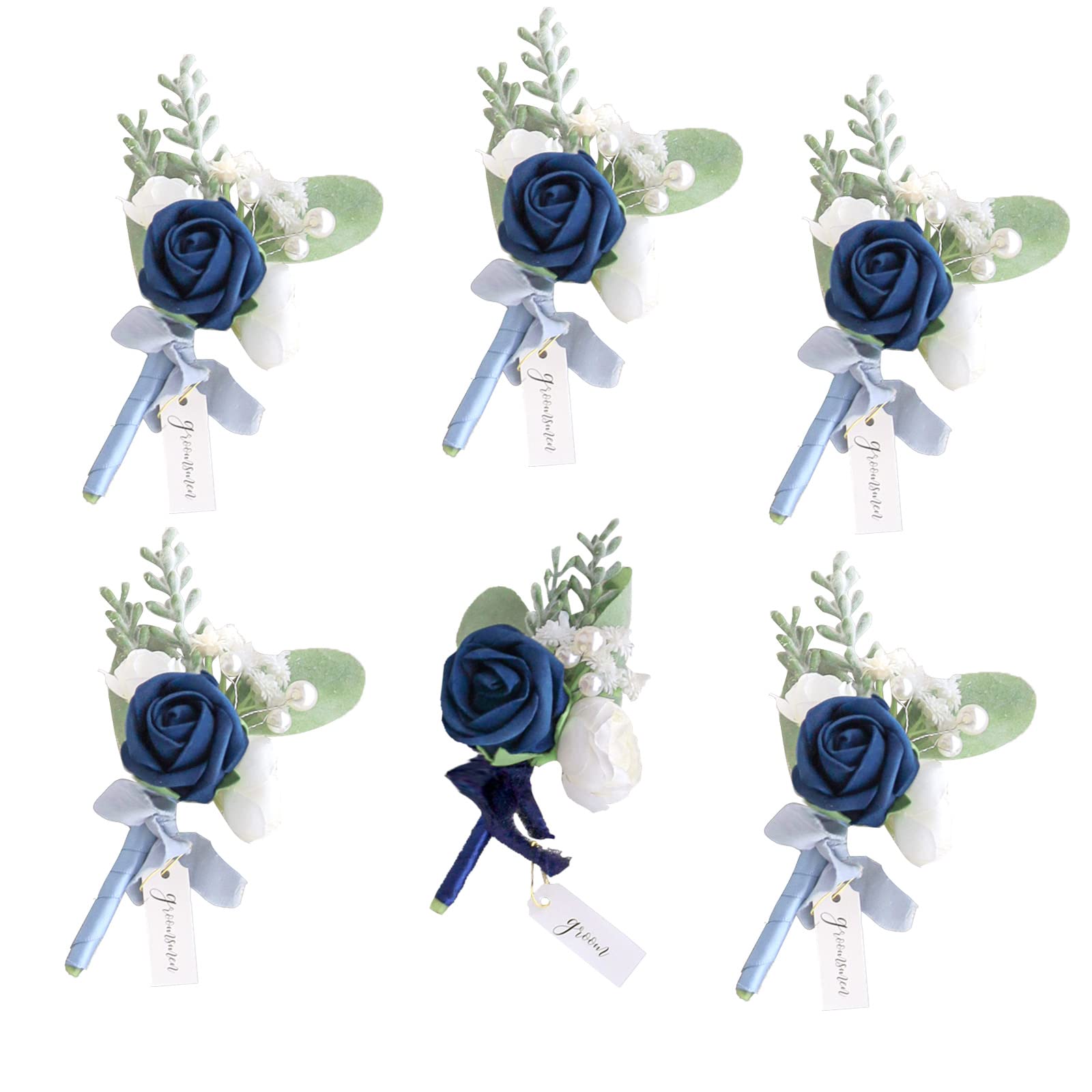 Lookein Set of 6 Navy Blue Wedding Boutonniere for Men Artificial Flowers Wedding Groom Groomsmen Boutonniere for Wedding Ceremo