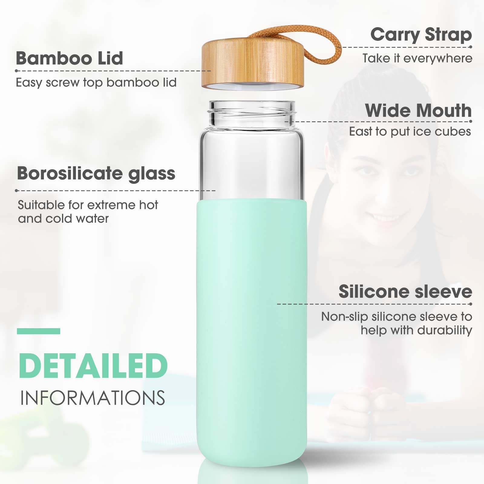 Yomious 25 Oz Glass Water Bottle With Bamboo Lid - Borosilicate Glass Water Bottles With Sleeve, Wide Mouth And Dishwasher Safe