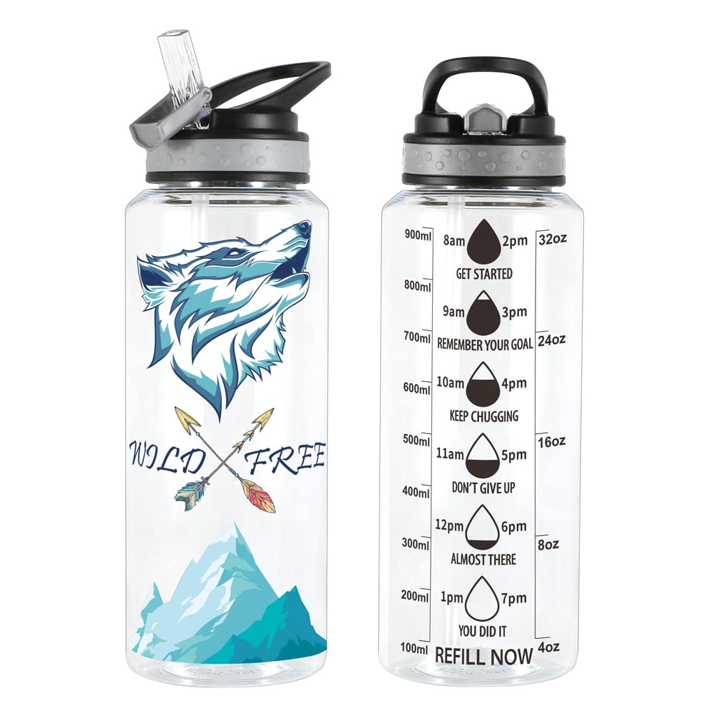 Home Tune 32Oz Water Drinking Bottle - Tritan Bpa Free, Wide Mouth, Straw Flip Lid, Time Marker, Easy Open, Lightweight, Leak-Pr