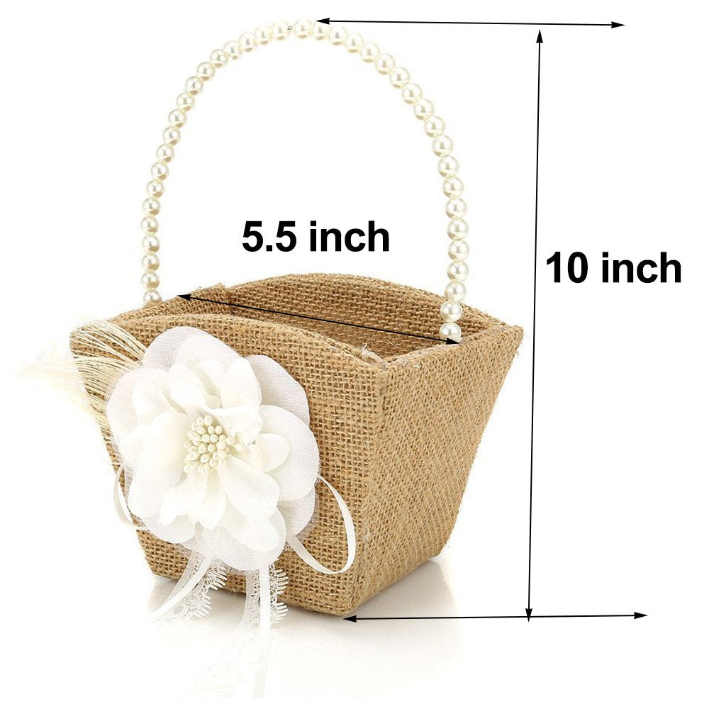 Bodosac 2PCS Burlap Flower Girl Basket Pearl Handle For Vintage Rustic Wedding CeremonySmall