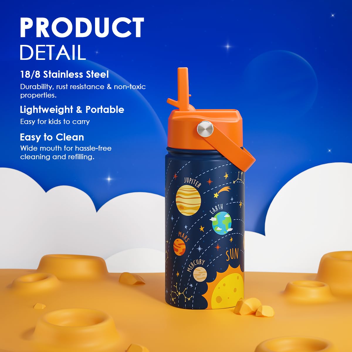 Solar System Kids Water Bottle With Straw Lid 12oz Insulated Stainless Steel, Travel Tumbler, Gifts For Boys, Birthday, Christma