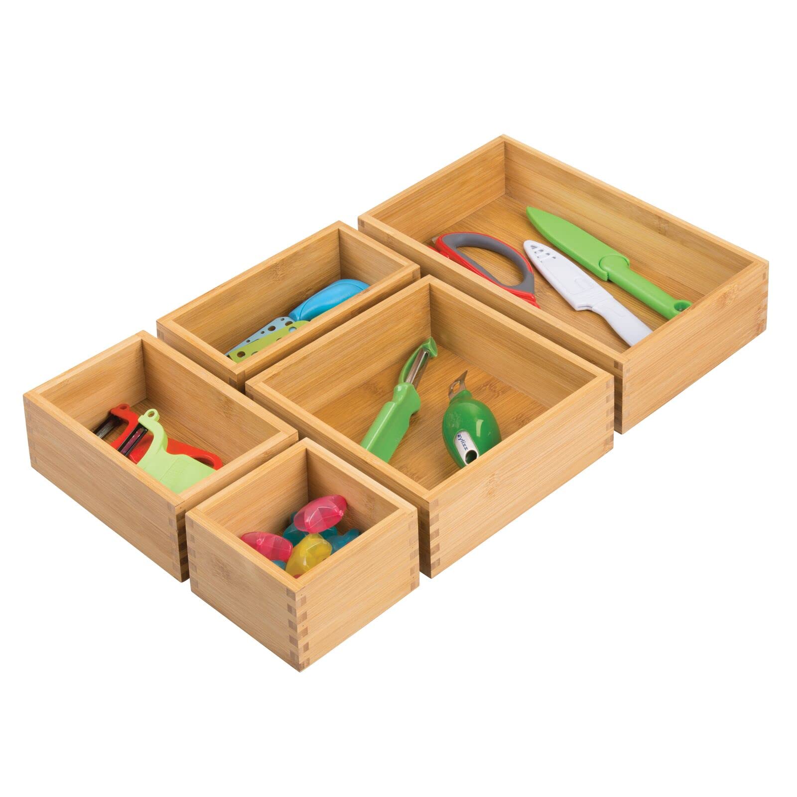 mDesign Bamboo Wood Kitchen Cabinet Drawer Organizer Tray Bins - Multipurpose - Use in Drawers  on Countertops  Shelves or in Pantry - Varied Sizes - Echo Collection - Set of 5 - Natural