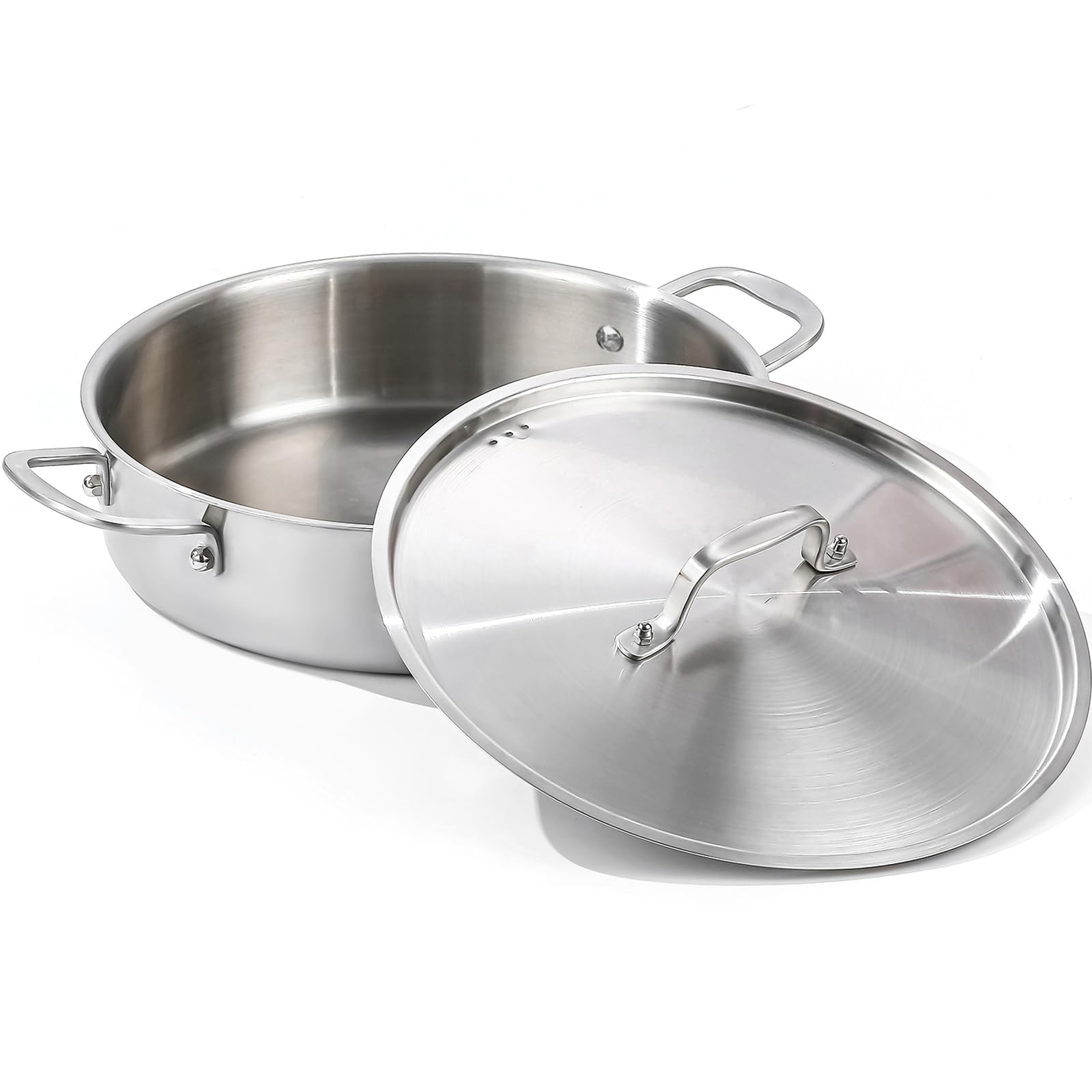DELARLO Tri-Ply Stainless Steel 7 Quart Braiser Pan with Lid Induction Rondeau Pot With Lid 12inch Deep Frying Pan Large Saute P