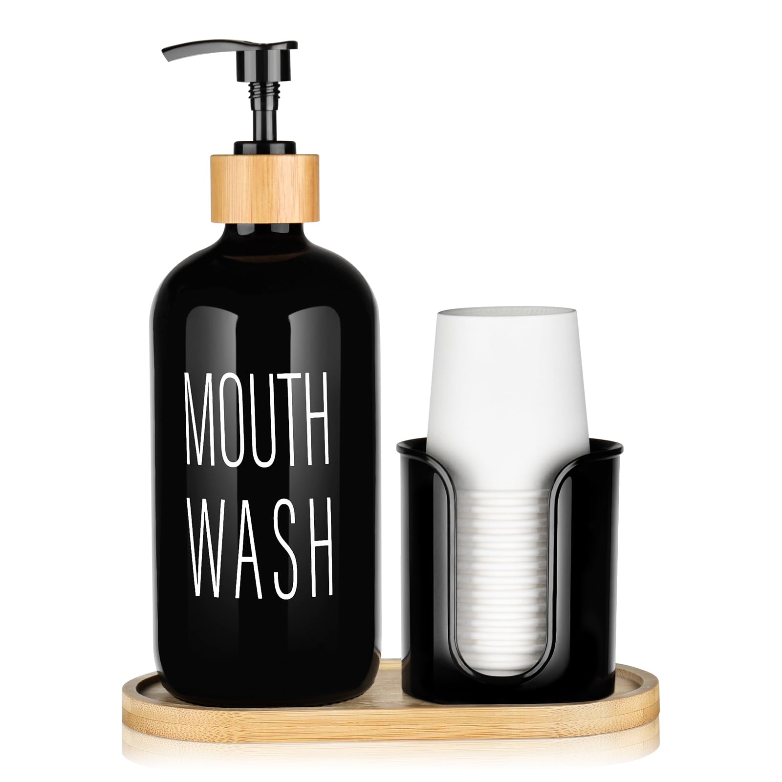 Byaway Black Mouthwash Dispenser For Bathroom - 16Oz Pump Glass Bottle With Cup Holder, 14 Mouthwash Cups,Bamboo Tray, And Funne