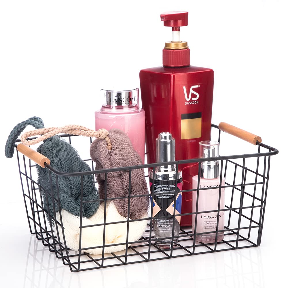Lelecat Wire Baskets With Wooden Handles, Wire Storage Organizer Baskets , Household Refrigerator For Cabinets, Pantry, Closets,