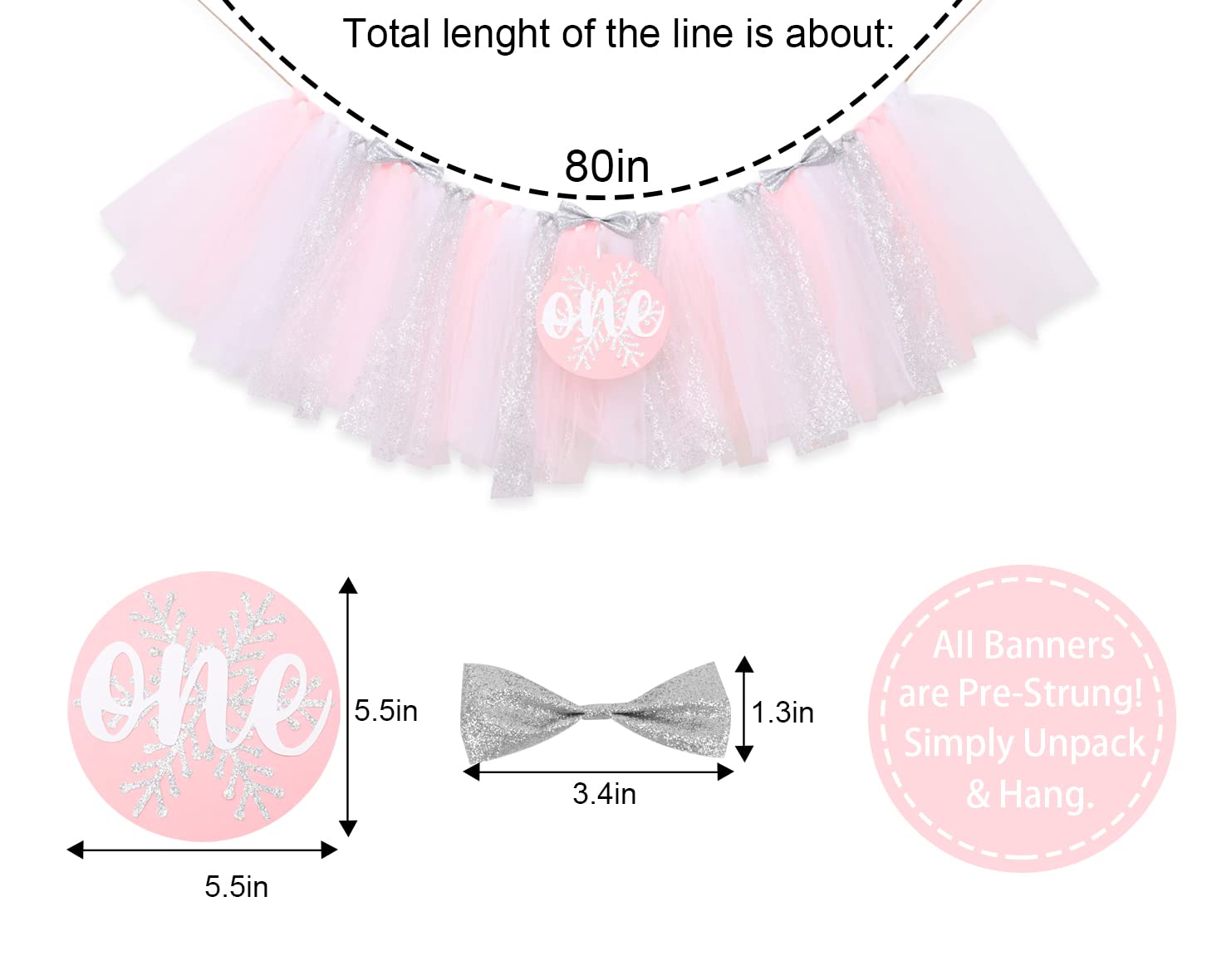 Winter Onederland 1St Birthday Banner Girl - Winter Pink Tutu High Chair, Snowflake First Birthday Decoration, Baby Photo Props,