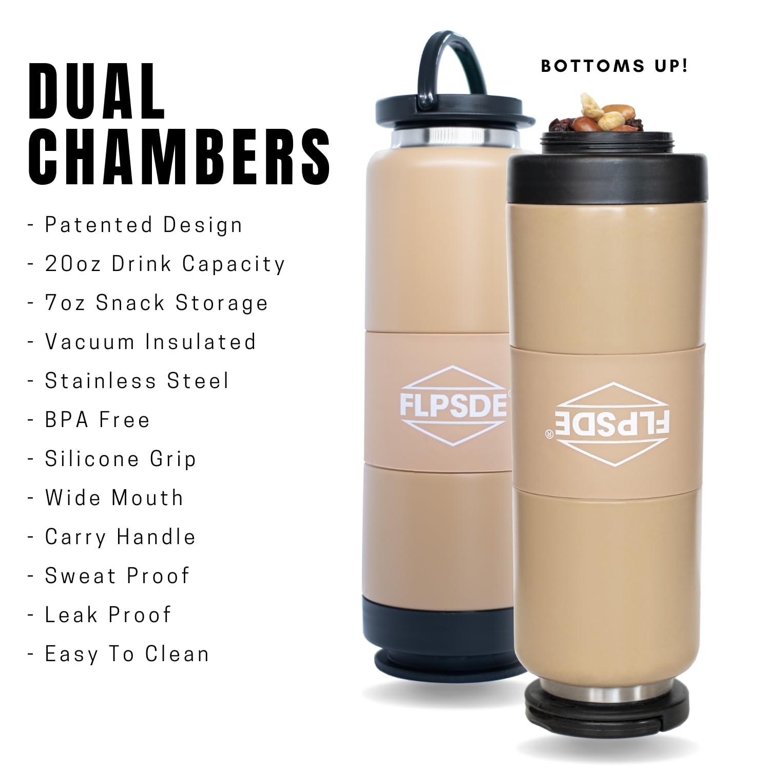 Flpsde Water Bottle With Snack Compartment, Drink & Snack Cup Combo, 20Oz Stainless Steel Water Bottle With 7Oz Snack Container,