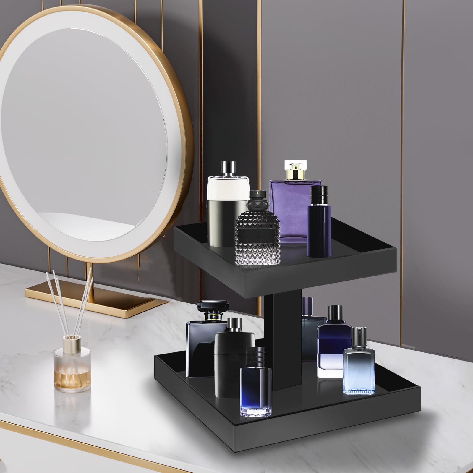 Yageli Black Perfume Display Organizer Tray - Acrylic 2-Tier Bathroom Countertop Organizer Vanity Trays Makeup Storage Shelf Hol