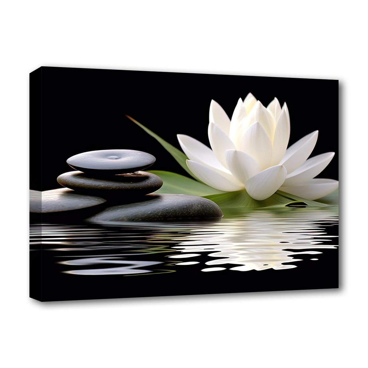 Lzimu Zen Canvas Wall Art White Lotus And Black Zen Stones Bloom In Water Picture Prints For Yoga Spa Meditation Spiritual Room